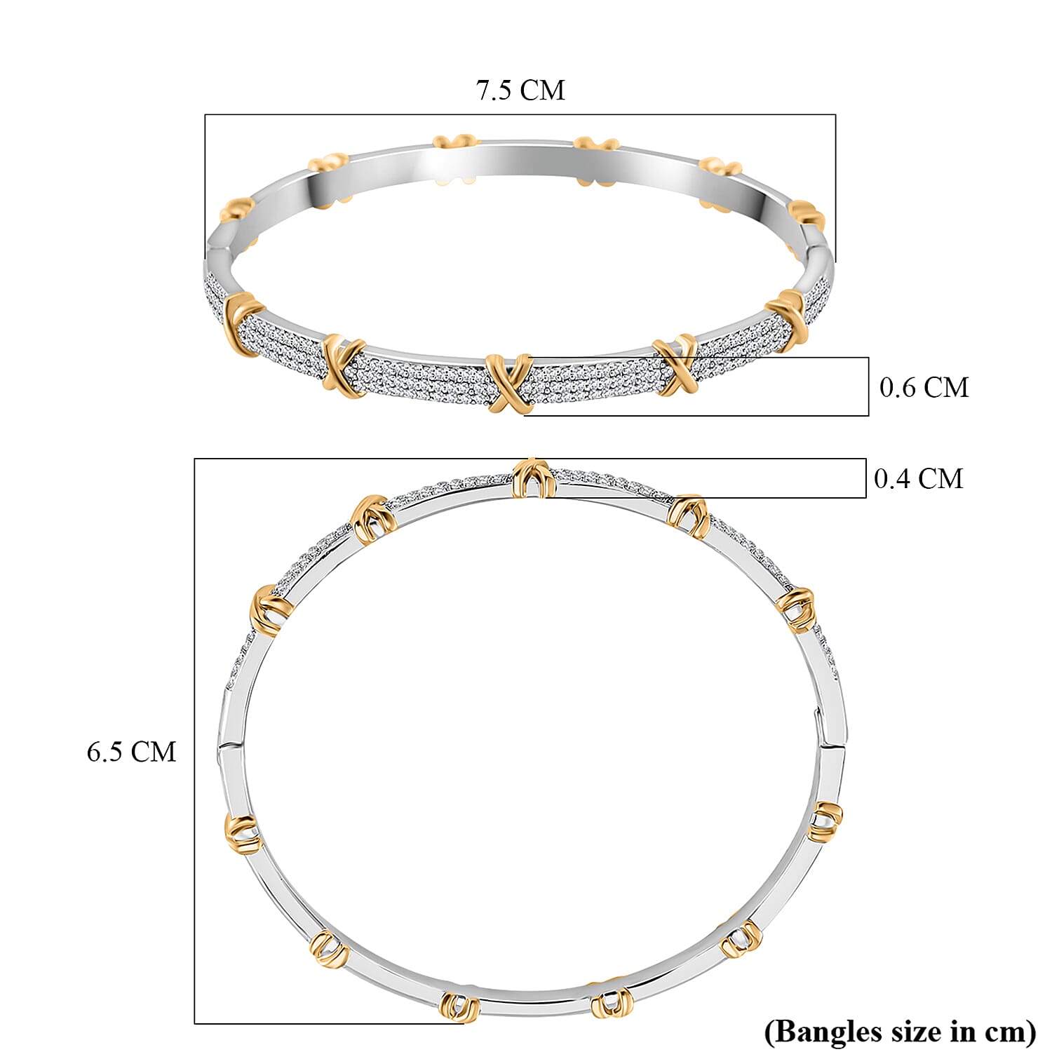 Designer Inspired - Cubic Zirconia Criss Cross Bangle (Size 7.5) in Dual Tone