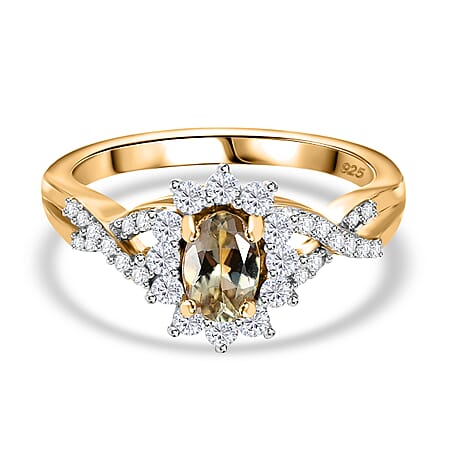 Turkizite, Moissanite Halo Ring in 18K Yellow Gold Vermeil Plated Sterling Silver