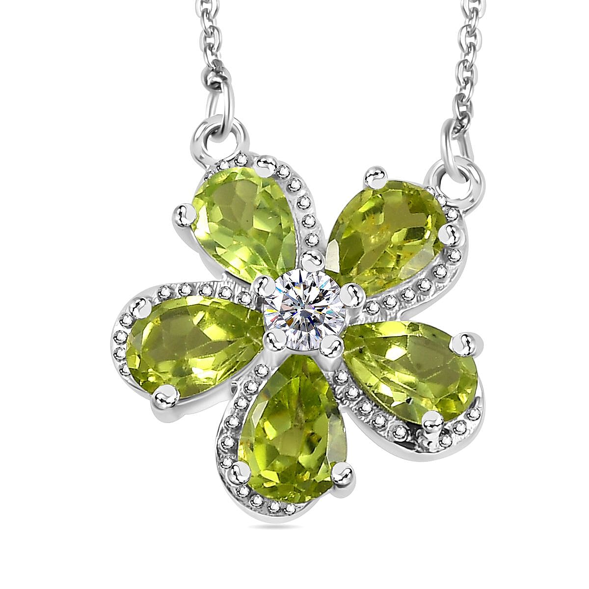 Natural Hebei Peridot & Natural Zircon Floral Necklace (Size - 20) in Rhodium Overlay Sterling Silver 2.30 Ct