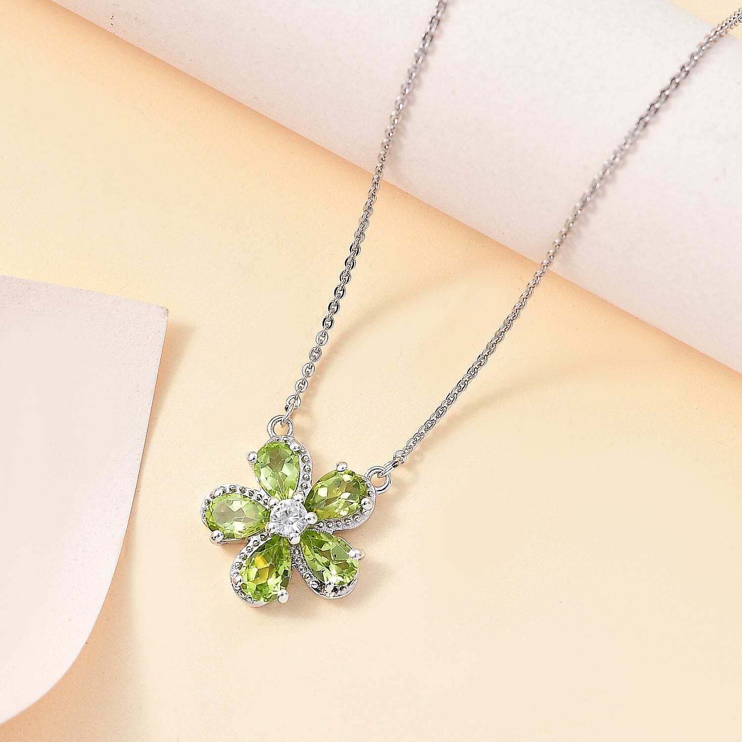 Natural Hebei Peridot & Natural Zircon Floral Necklace (Size - 20) in Rhodium Overlay Sterling Silver 2.30 Ct