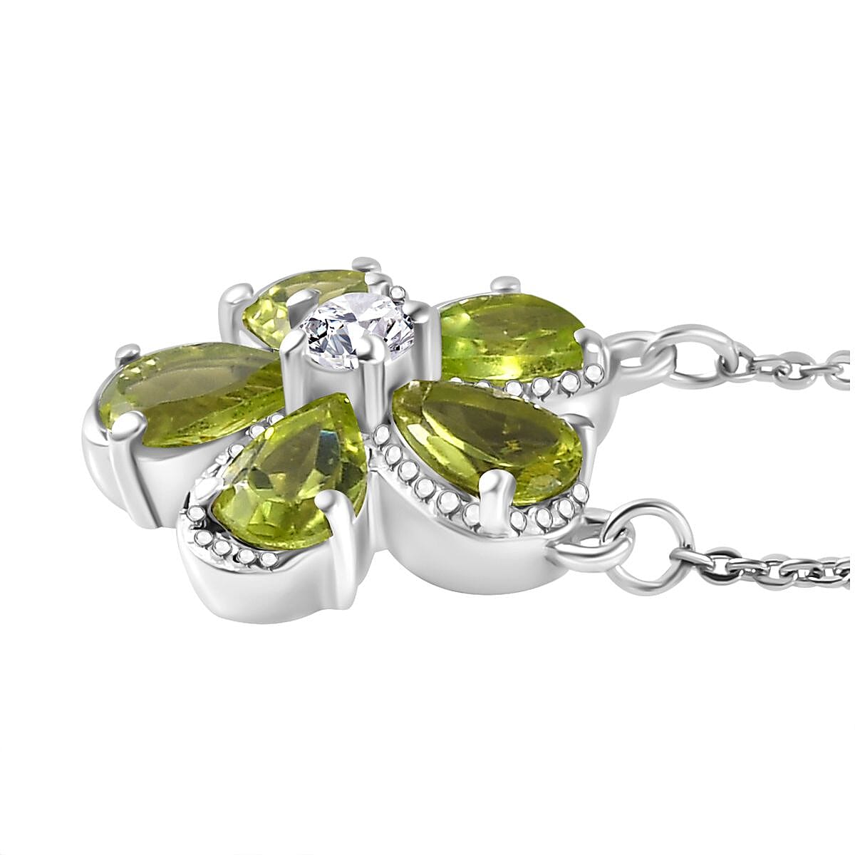 Natural Hebei Peridot & Natural Zircon Floral Necklace (Size - 20) in Rhodium Overlay Sterling Silver 2.30 Ct