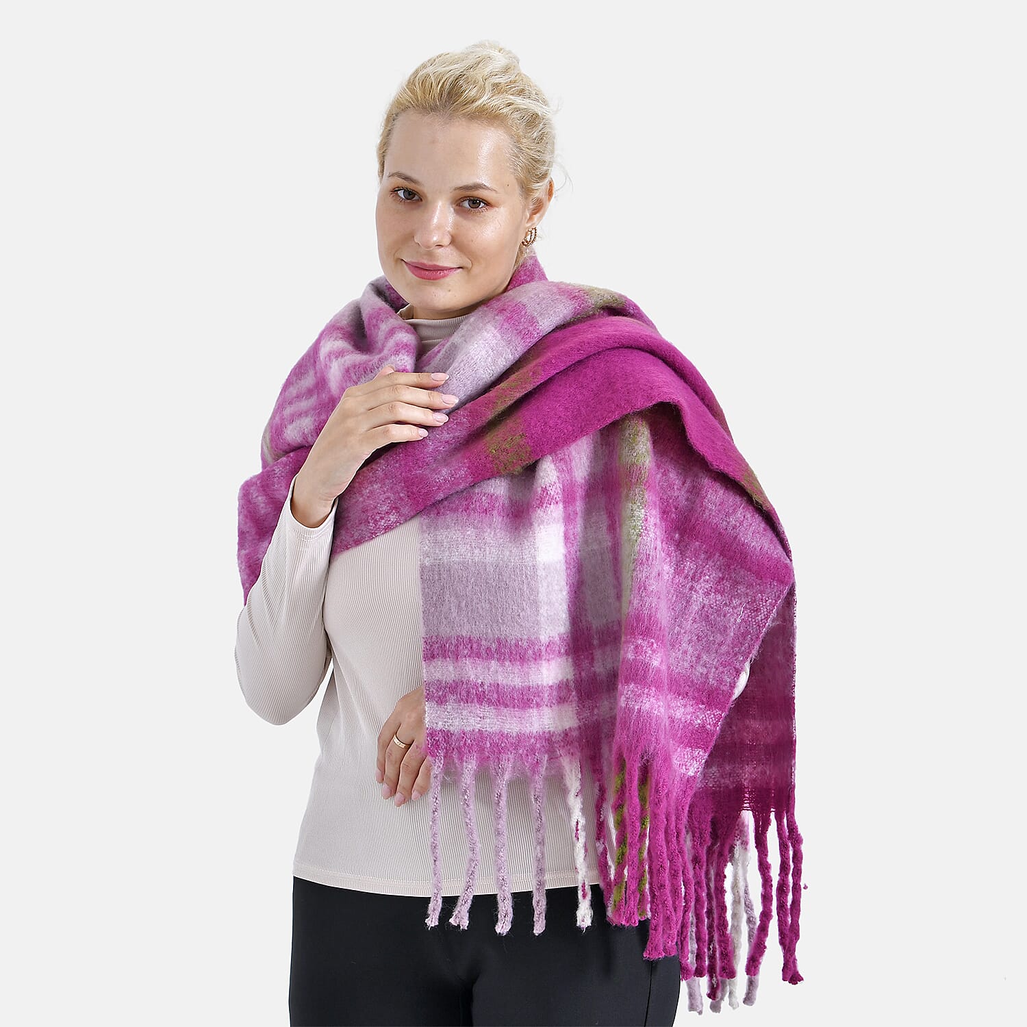 Cozy Checkered Winter Scarf with Fringes - Purple