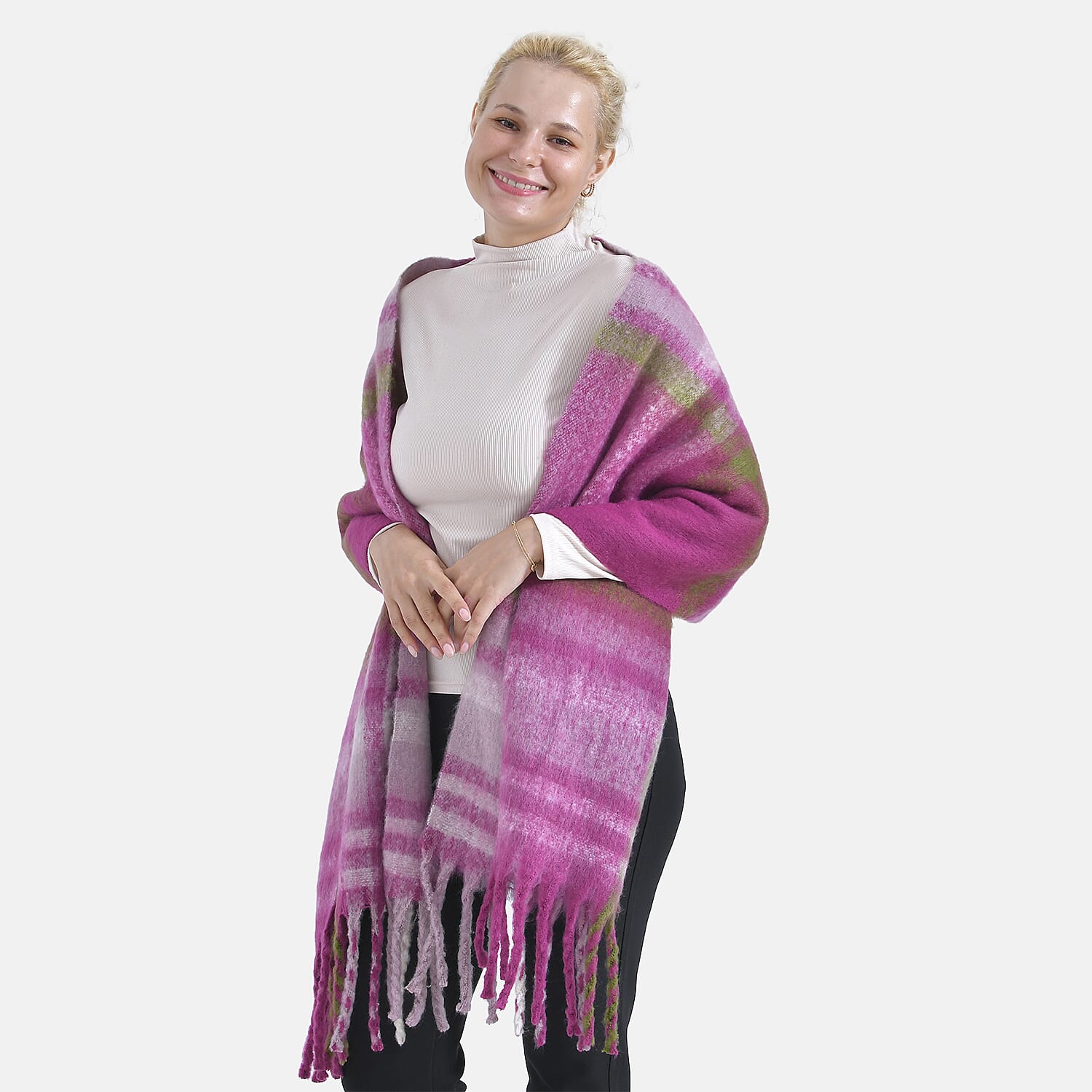 Cozy Checkered Winter Scarf with Fringes - Purple