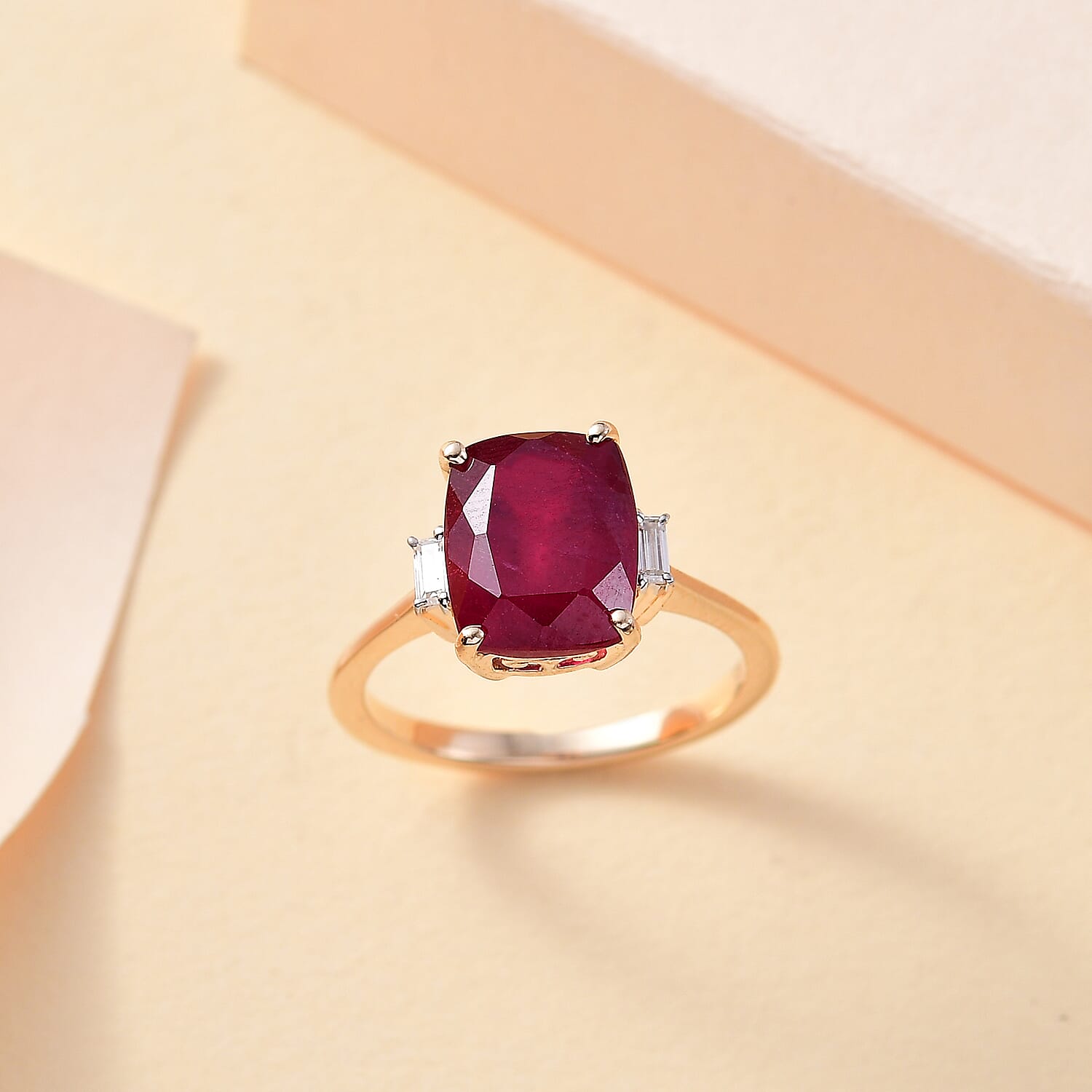 9K Yellow Gold African Ruby & Moissanite Ring 4.73 Ct.