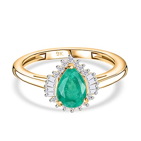 9K Yellow Gold AAA Emerald, White Diamond Halo Ring