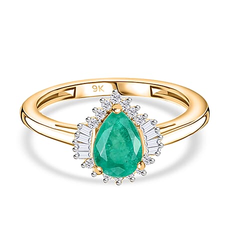 9K Yellow Gold  AAA Emerald & Diamond Ring