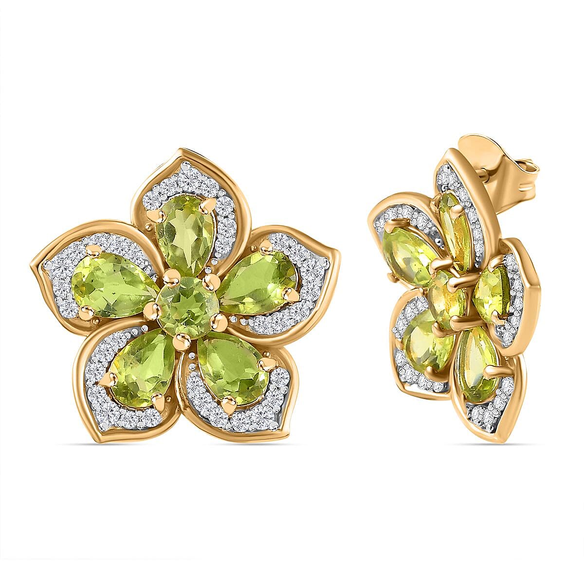 Natural Hebei Peridot & Natural Zircon Floral Stud Earrings in 18K YG Vermeil Plated Sterling Silver 5.61 Ct.