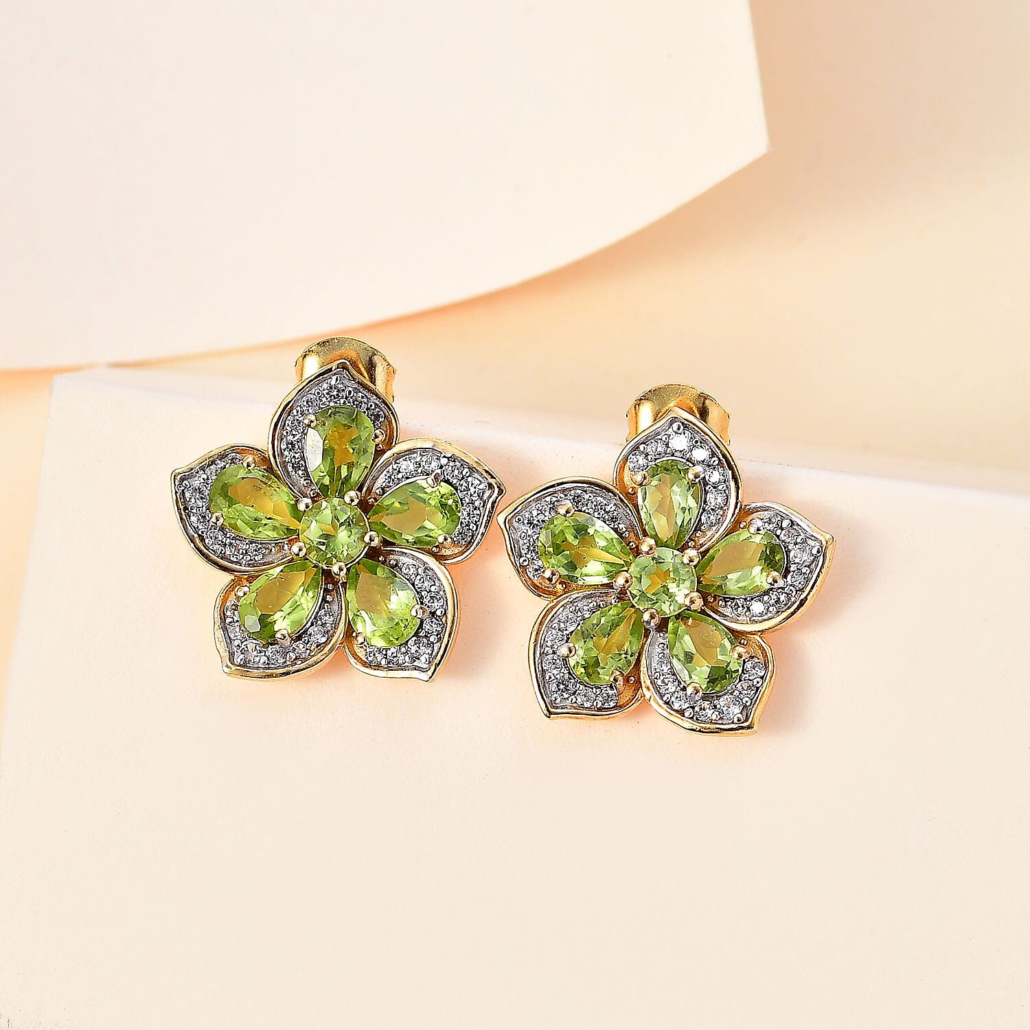 Natural Hebei Peridot & Natural Zircon Floral Stud Earrings in 18K YG Vermeil Plated Sterling Silver 5.61 Ct.