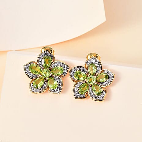 Natural Hebei Peridot & Natural Zircon Floral Stud Earrings in 18K YG Vermeil Plated Sterling Silver 5.61 Ct.