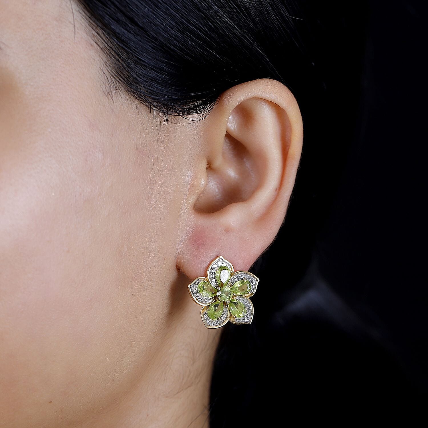 Natural Hebei Peridot & Natural Zircon Floral Stud Earrings in 18K YG Vermeil Plated Sterling Silver 5.61 Ct.
