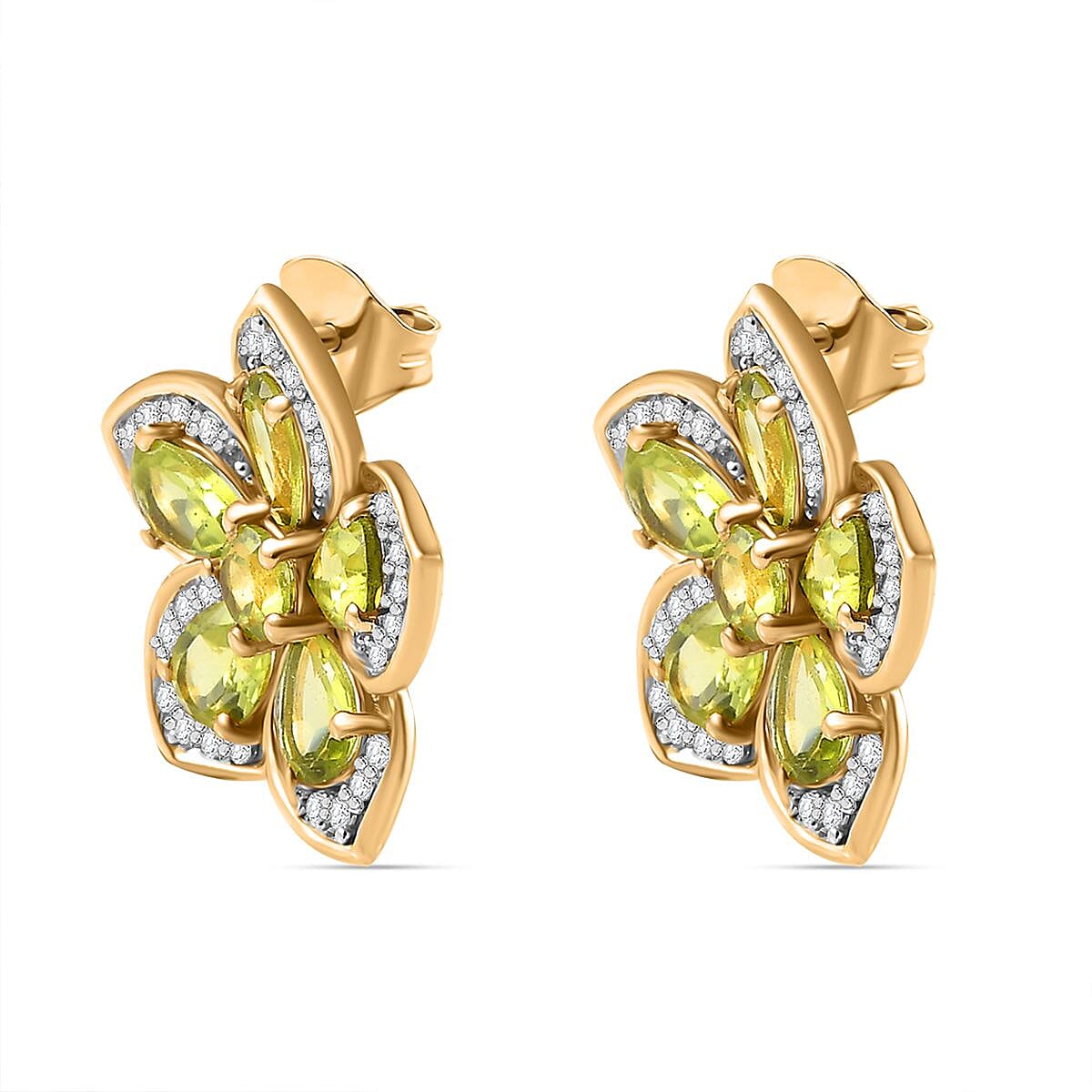 Natural Hebei Peridot & Natural Zircon Floral Stud Earrings in 18K YG Vermeil Plated Sterling Silver 5.61 Ct.