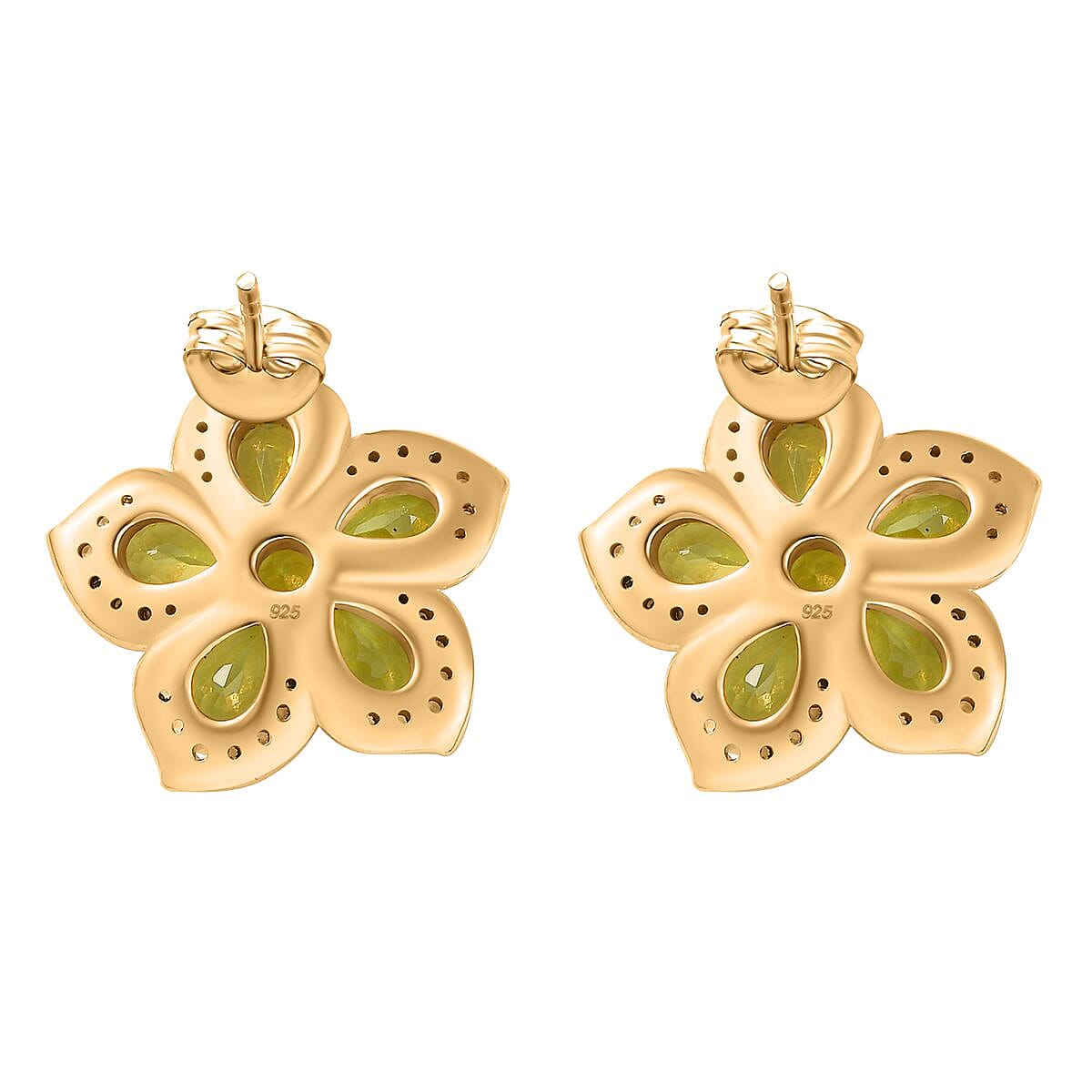 Natural Hebei Peridot & Natural Zircon Floral Stud Earrings in 18K YG Vermeil Plated Sterling Silver 5.61 Ct.