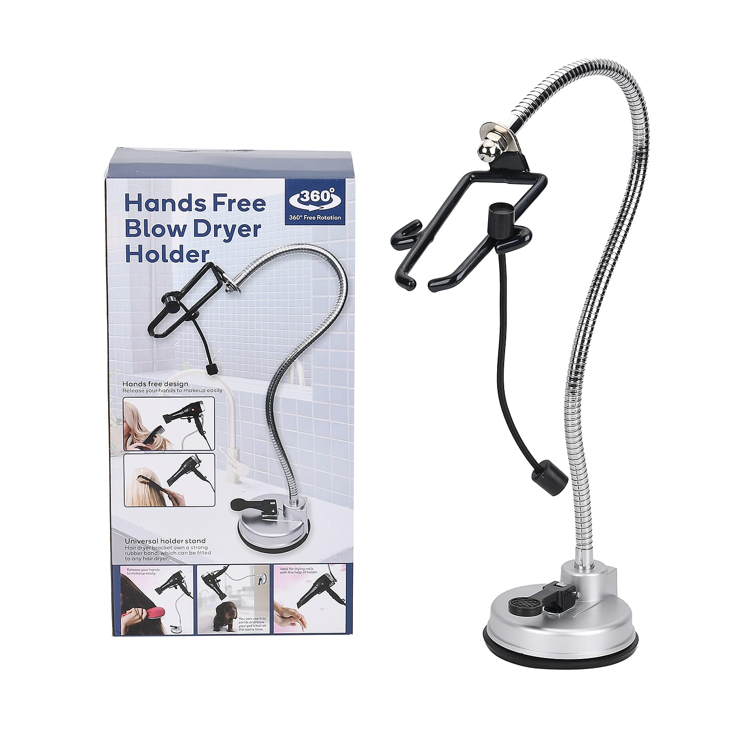 Suction Cup Hair Dryer Holder - Black & Silver