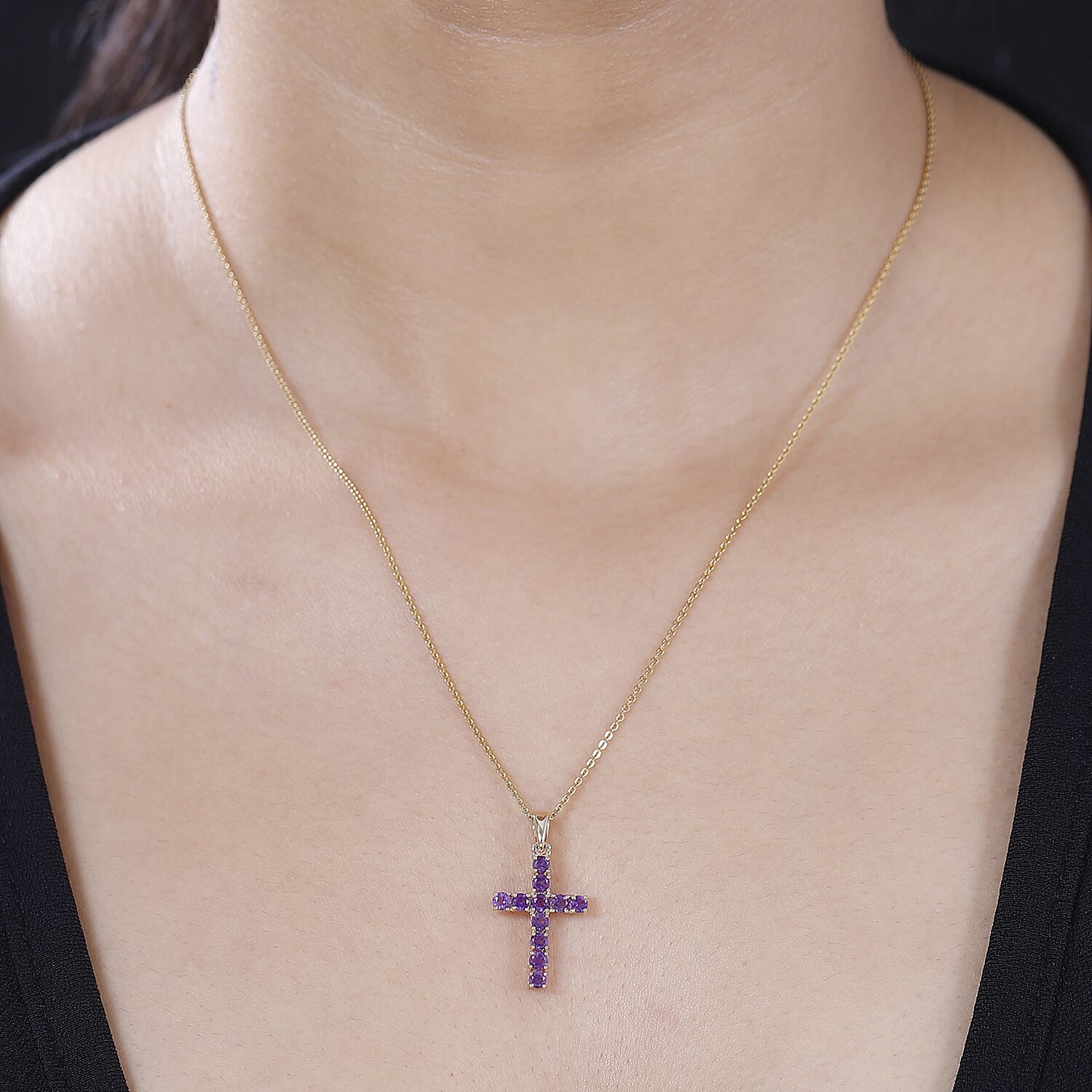 Birthstone Cross Collection - 9K Yellow Gold AA African Amethyst Cross Cross Pendant