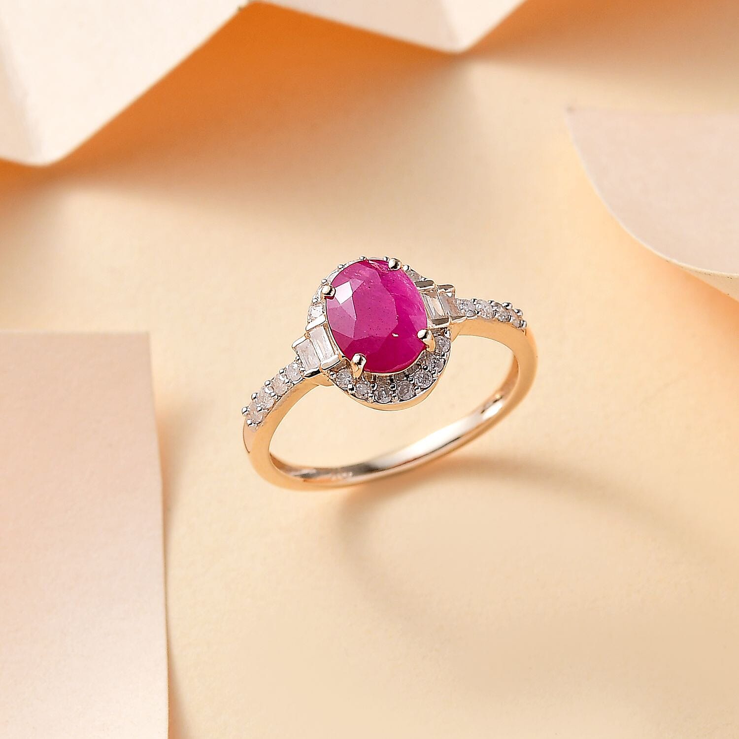 9K Yellow Gold Mozambique Ruby & White Diamond Halo Ring 1.63 Ct.