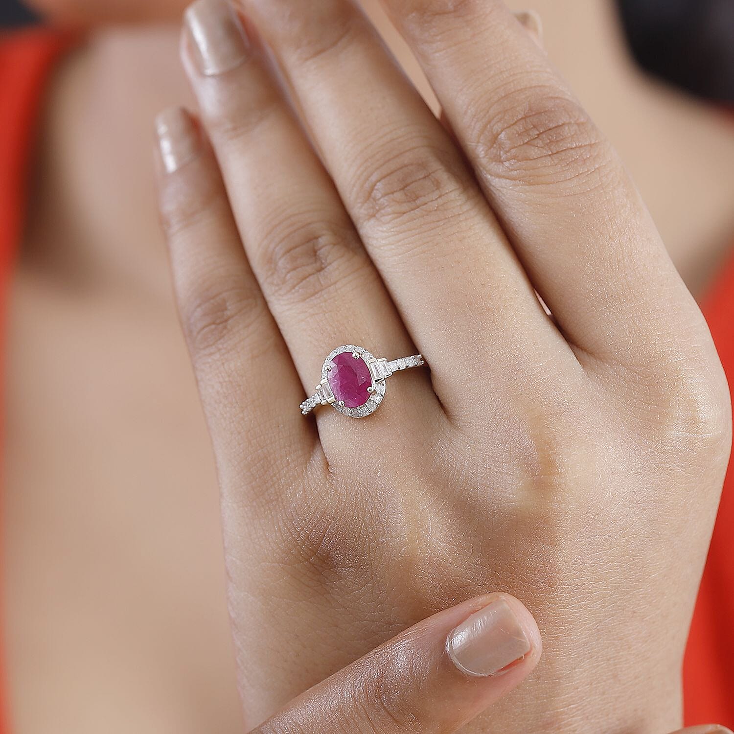 9K Yellow Gold Mozambique Ruby & White Diamond Halo Ring 1.63 Ct.