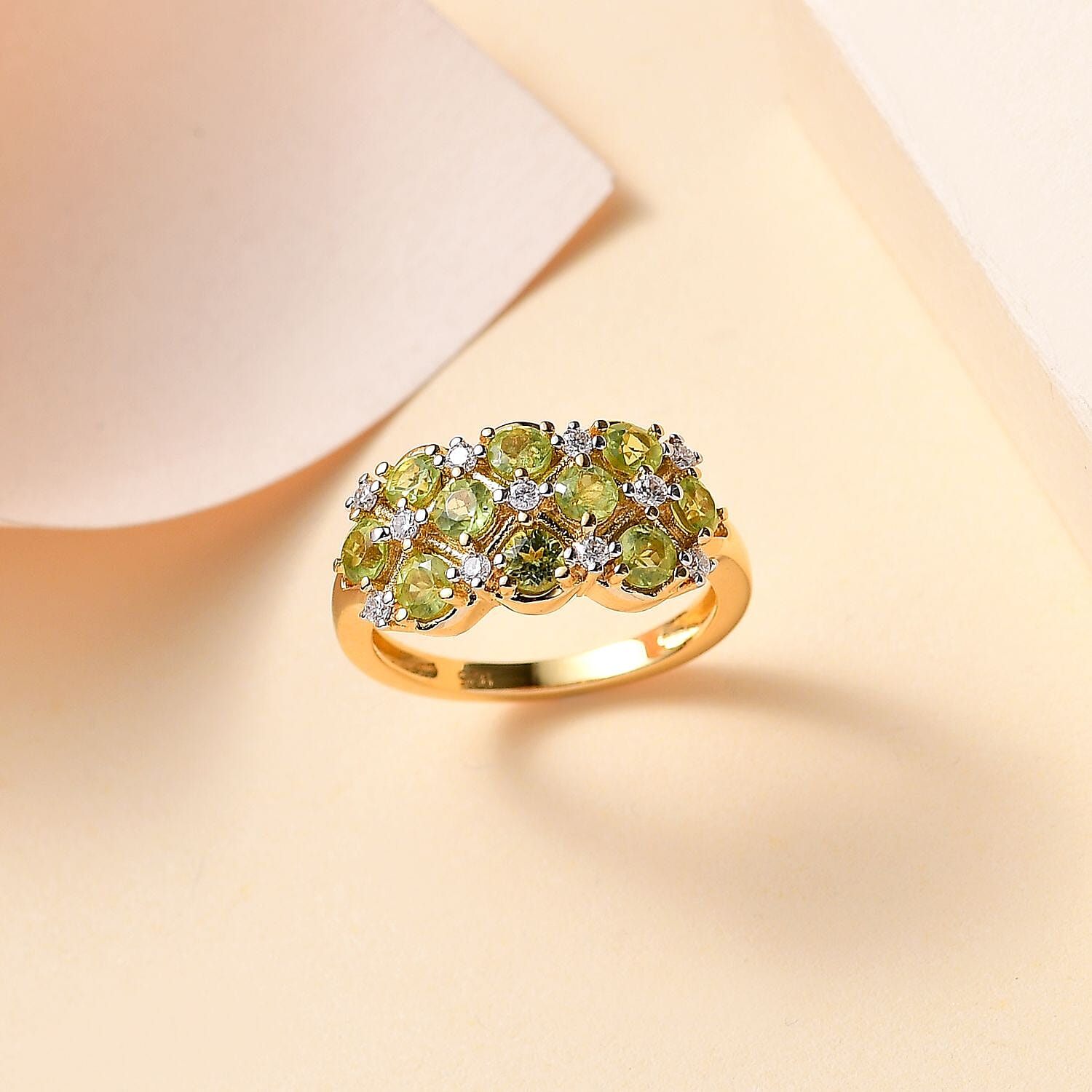 Peridot ,  Moissanite  Cluster Ring in 18K YG Vermeil Sterling Silver 1.48 ct,  Silver Wt. 6.5 Gms  1.460  Ct.