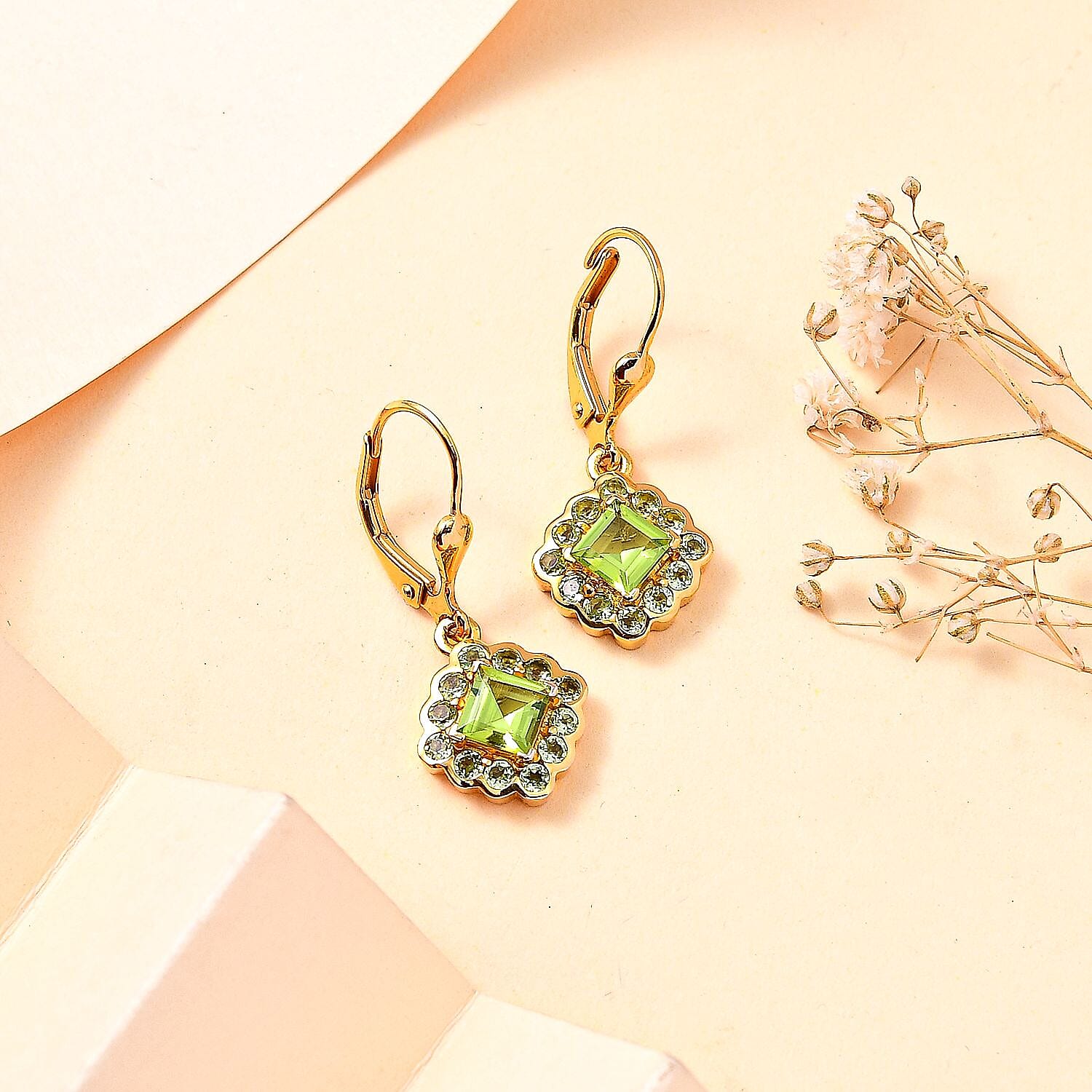 Natural Hebei Peridot Solitaire Lever Back Earring in 18K YG Vermeil Sterling Silver 2.60 ct