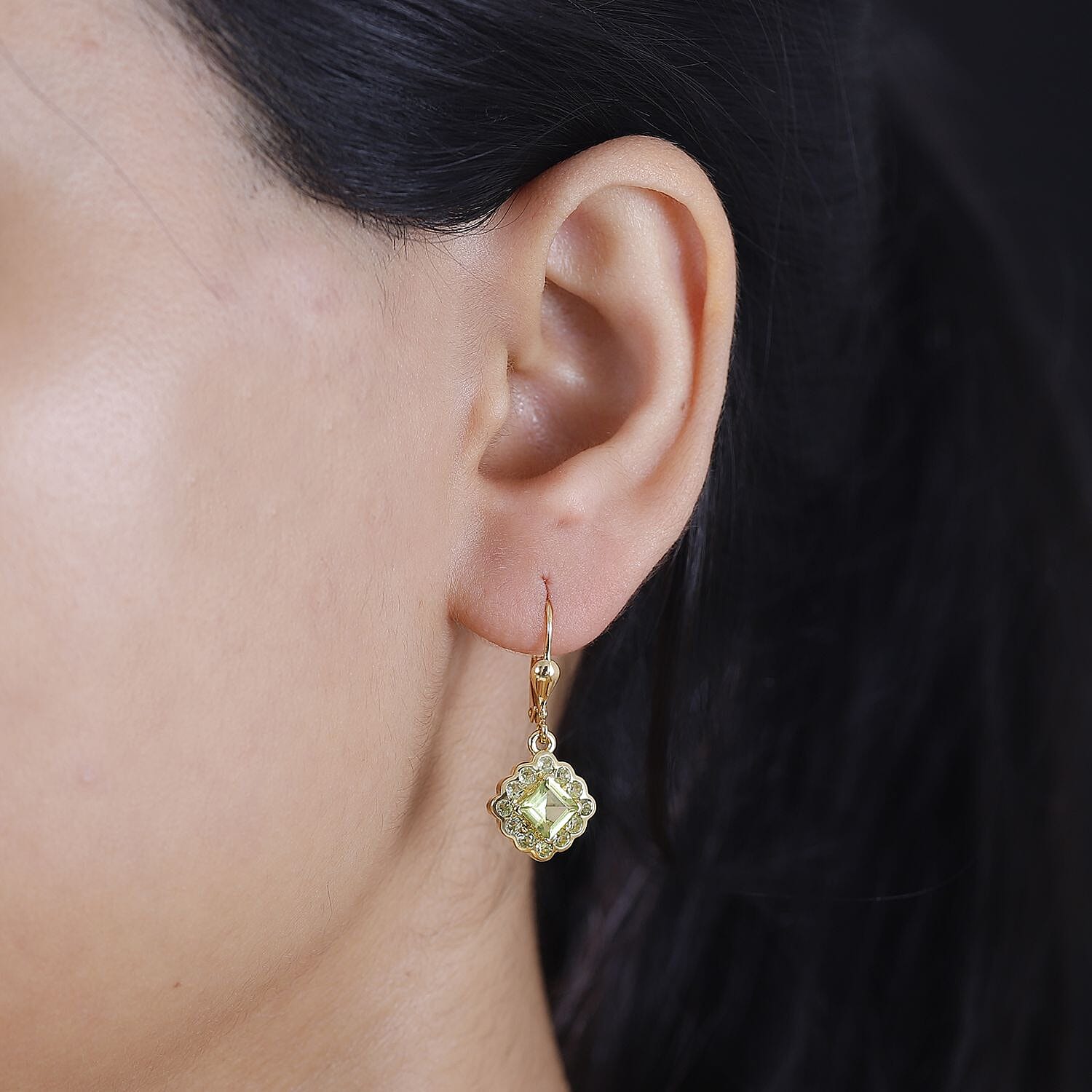 Natural Hebei Peridot Solitaire Lever Back Earring in 18K YG Vermeil Sterling Silver 2.60 ct