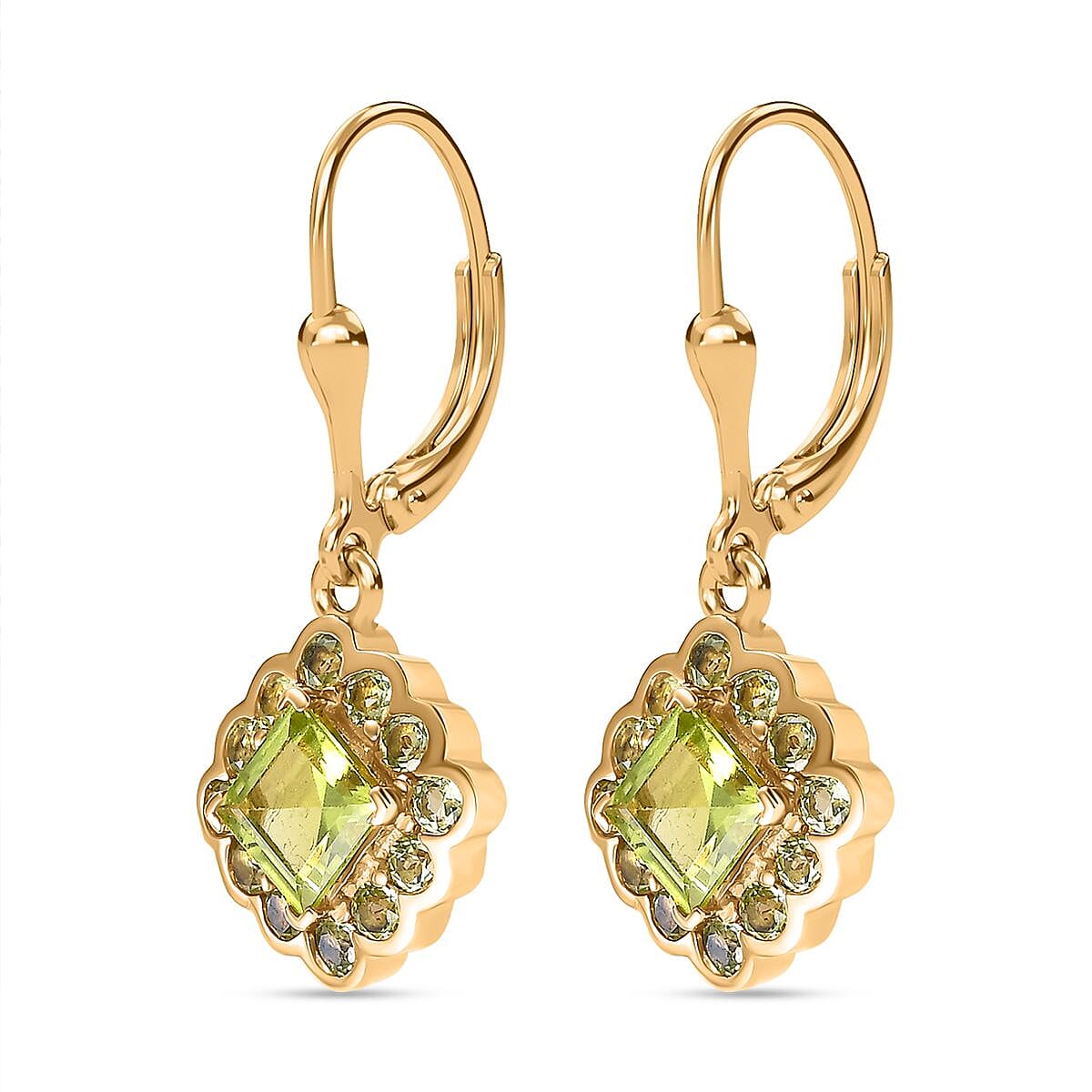 Natural Hebei Peridot Solitaire Lever Back Earring in 18K YG Vermeil Sterling Silver 2.60 ct