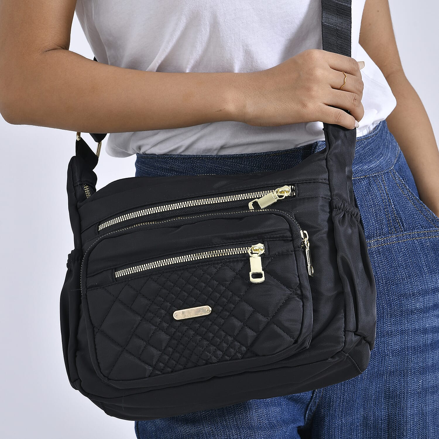 Designer Closeout -Quilted Crossbody Bag with Adjustable Strap- Black