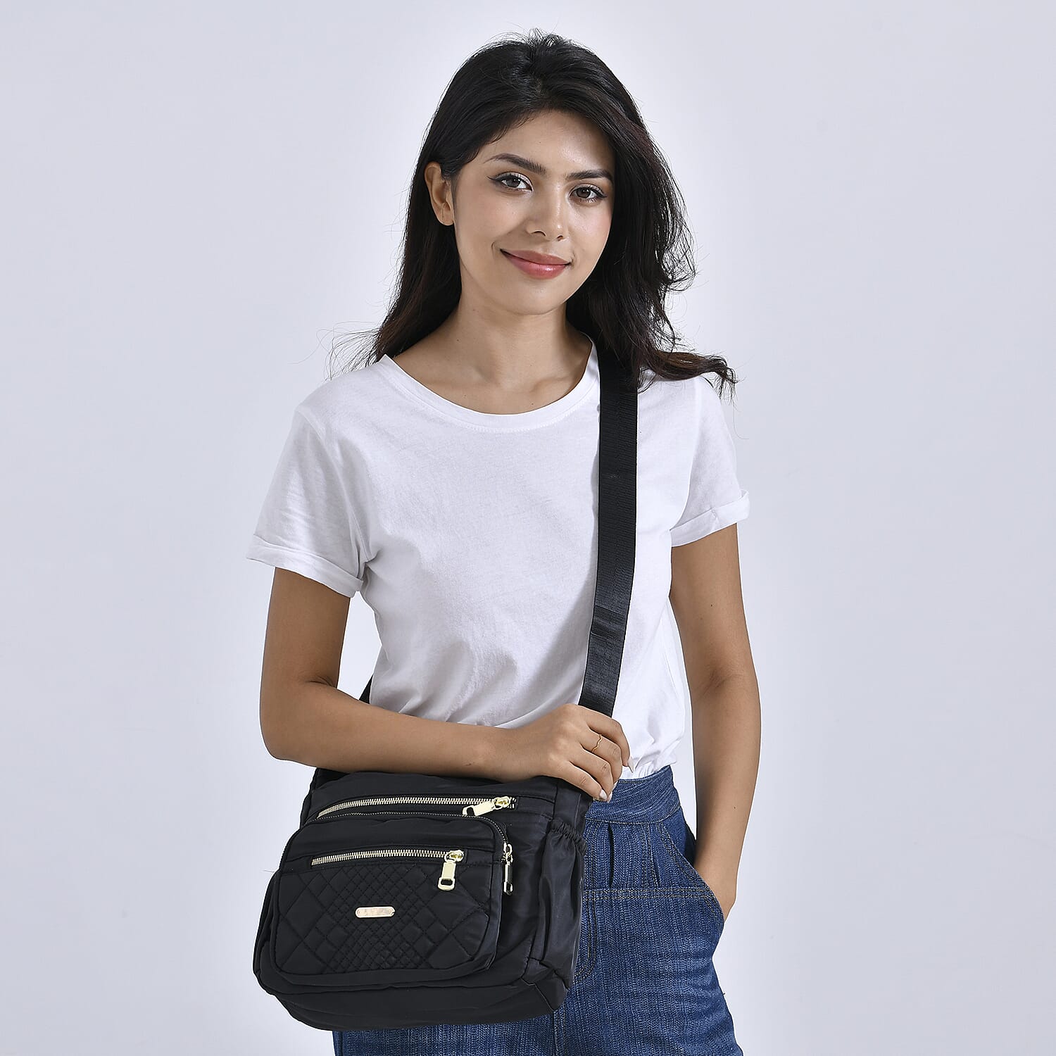 Designer Closeout -Quilted Crossbody Bag with Adjustable Strap- Black