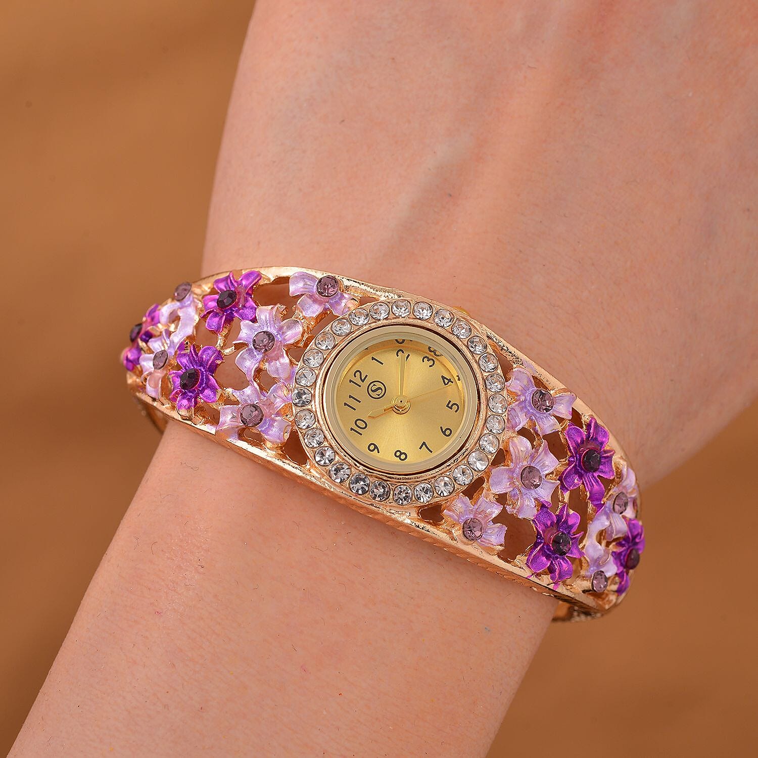 Strada Austrian Crystal Enamelled Bangle Watch - Purple