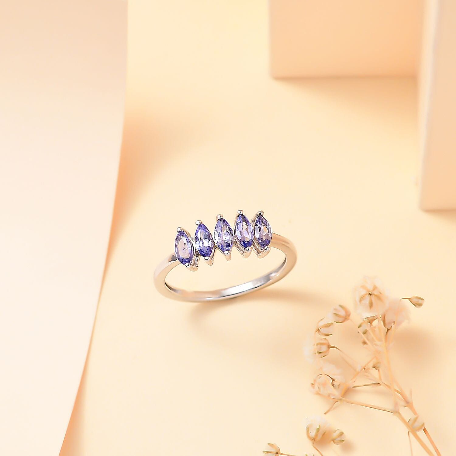 5 Stone Tanzanite Ring in Rhodium Overlay Sterling Silver