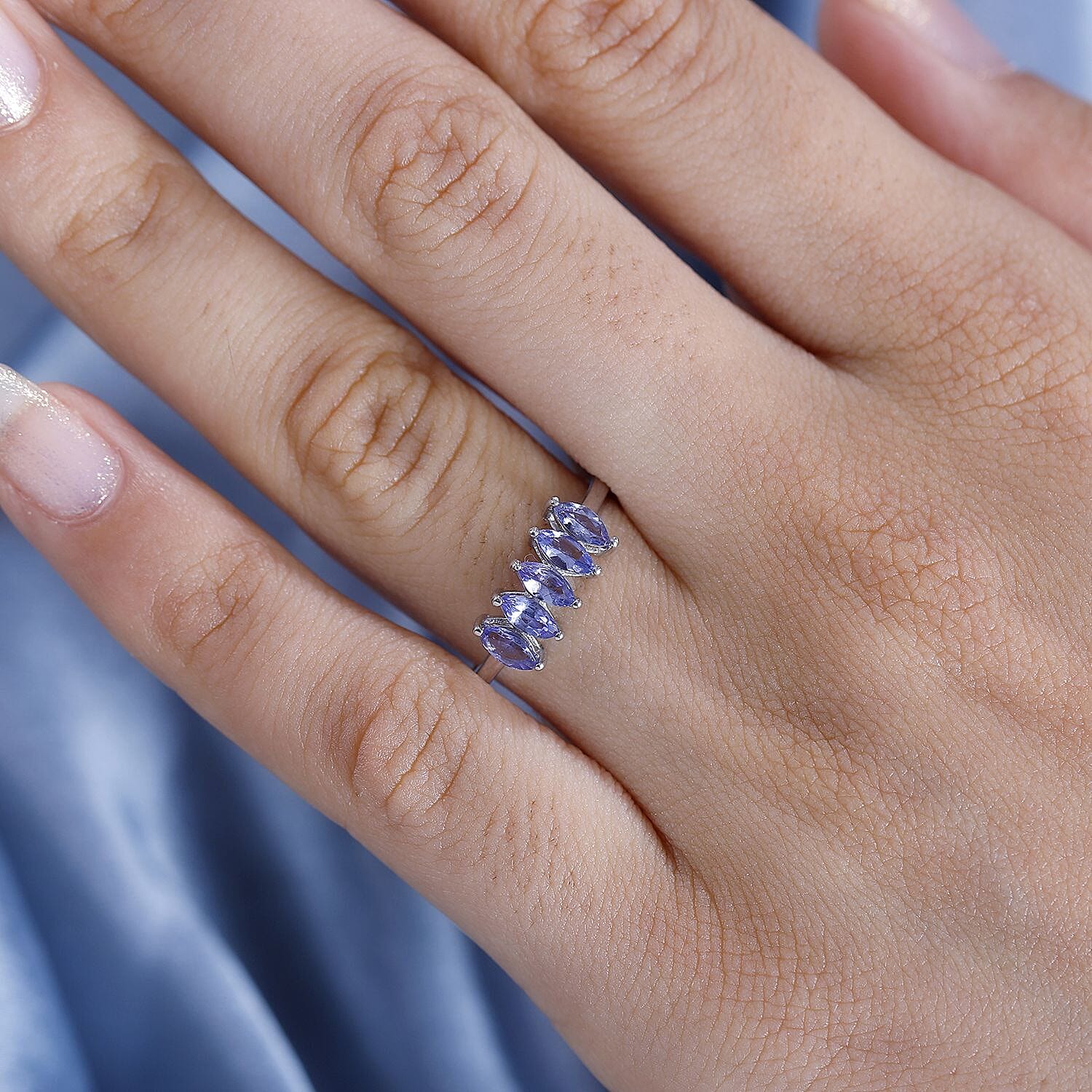 5 Stone Tanzanite Ring in Rhodium Overlay Sterling Silver