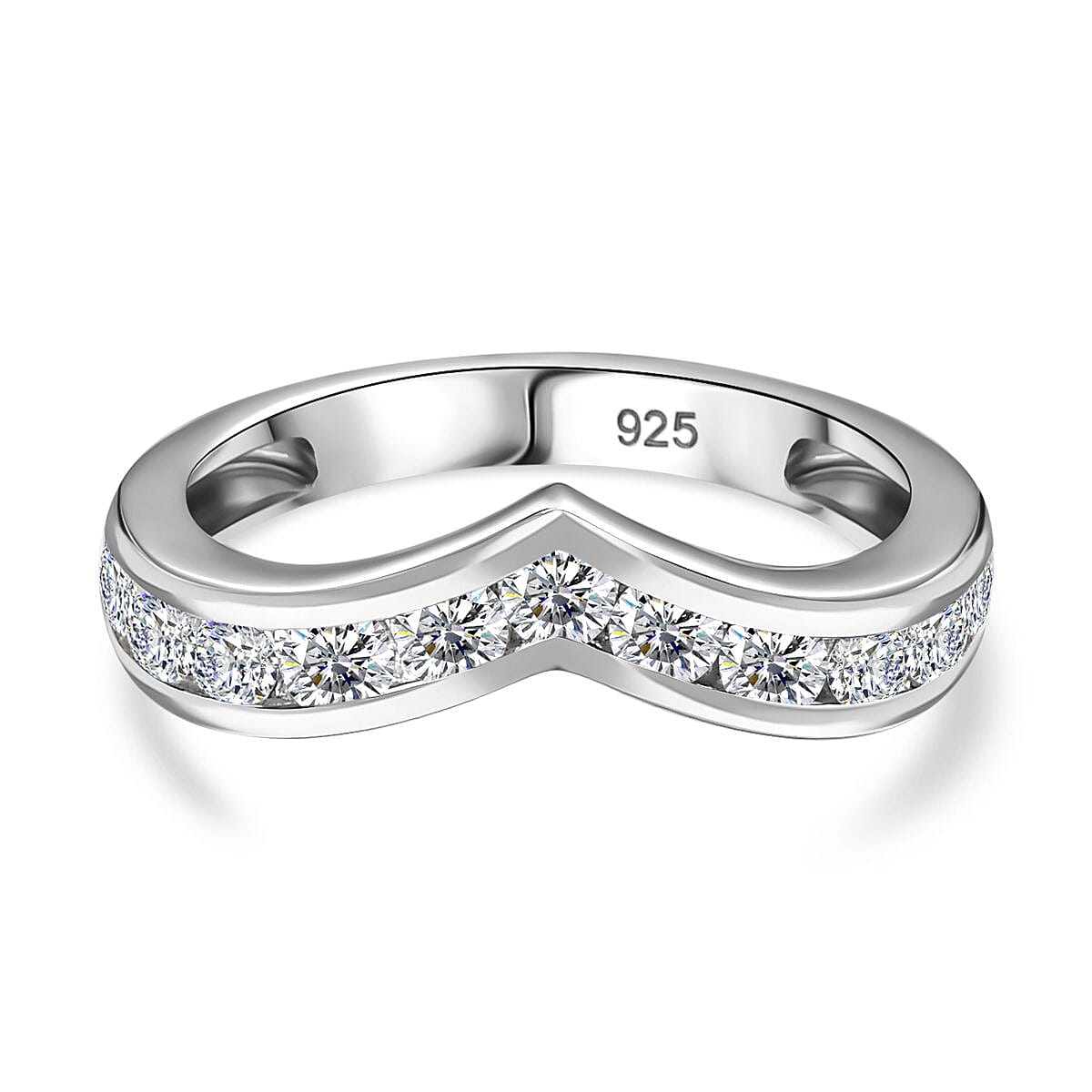 Designer Inspired Moissanite Wishbone Ring in Rhodium Overlay Sterling Silver