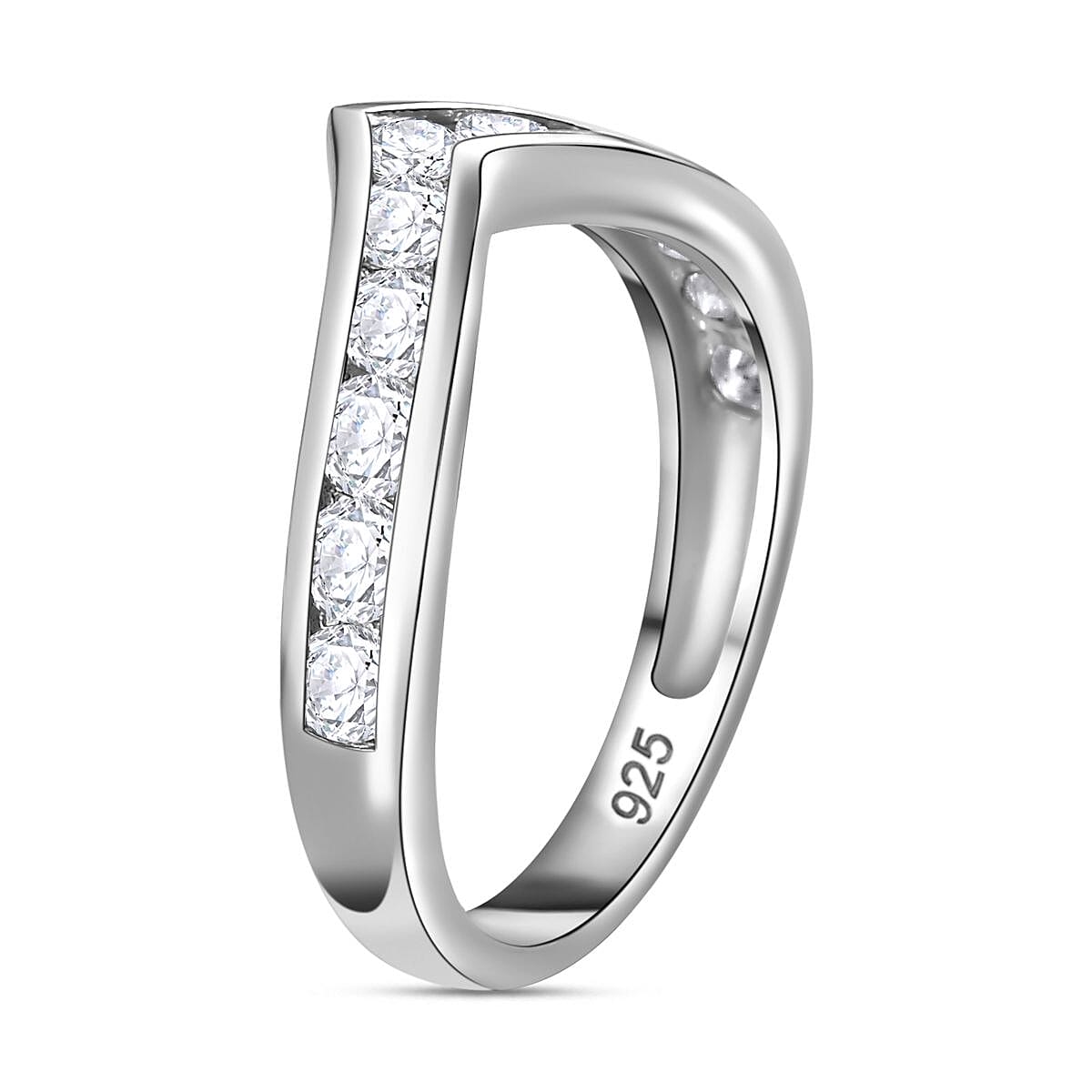 Designer Inspired Moissanite Wishbone Ring in Rhodium Overlay Sterling Silver