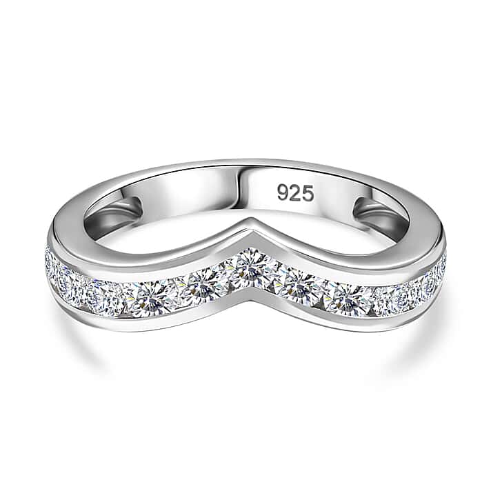 Designer Inspired Moissanite Wishbone Ring in Rhodium Overlay Sterling Silver