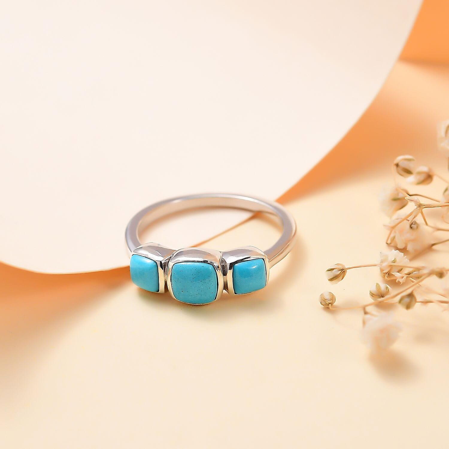 Sleeping Beauty Turquoise 3 Stone Ring in Rhodium Overlay Sterling Silver 1.24 Ct.