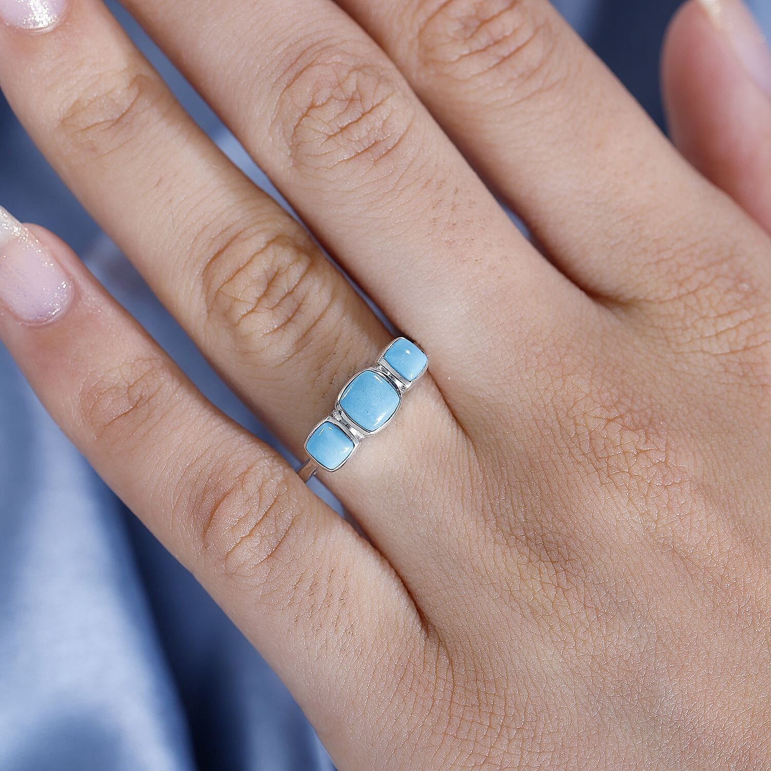 Sleeping Beauty Turquoise 3 Stone Ring in Rhodium Overlay Sterling Silver 1.24 Ct.