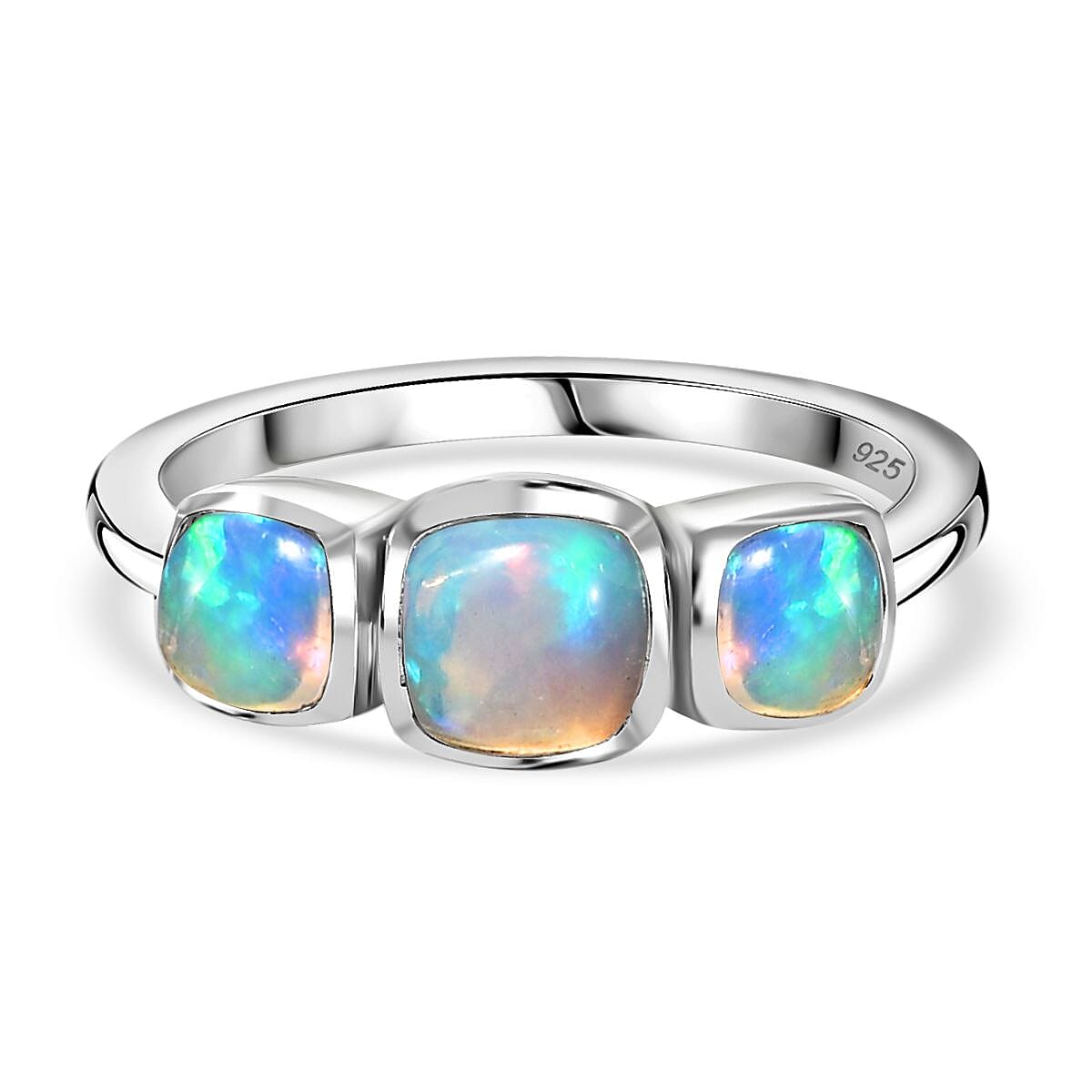 Ethiopian Opal 3 Stone Ring in Rhodium Overlay Sterling Silver