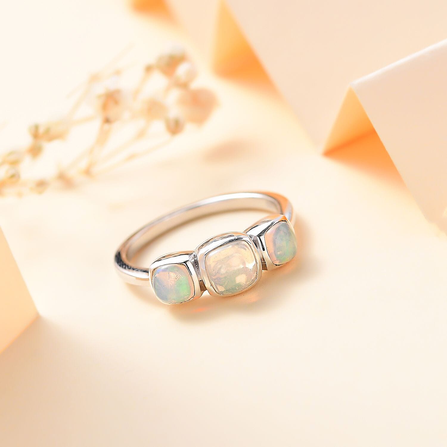 Ethiopian Opal 3 Stone Ring in Rhodium Overlay Sterling Silver