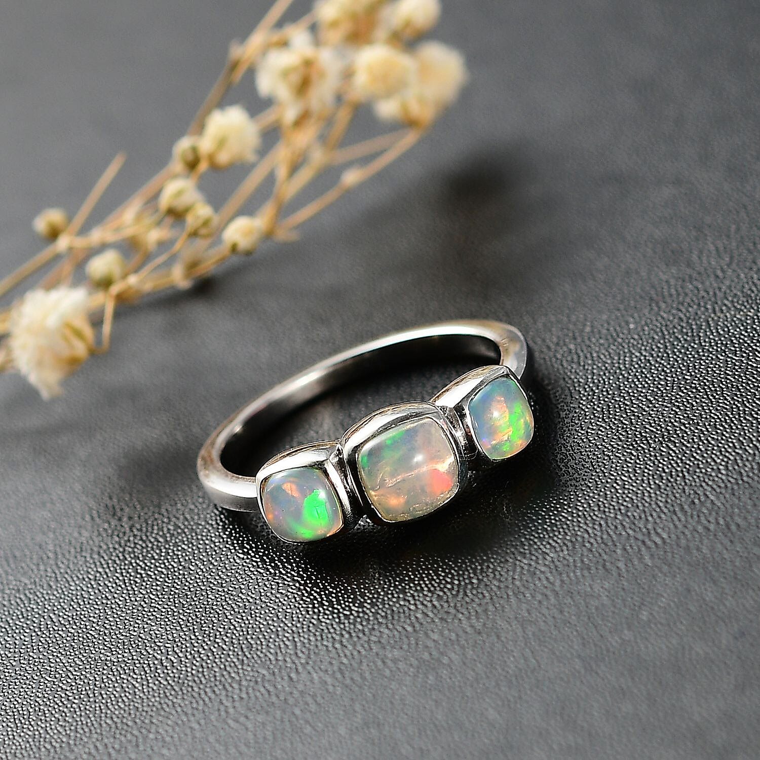 Ethiopian Opal 3 Stone Ring in Rhodium Overlay Sterling Silver
