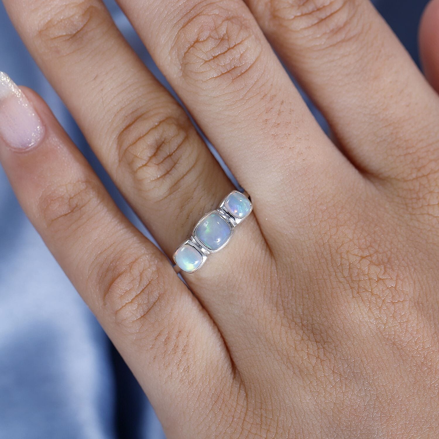 Ethiopian Opal 3 Stone Ring in Rhodium Overlay Sterling Silver