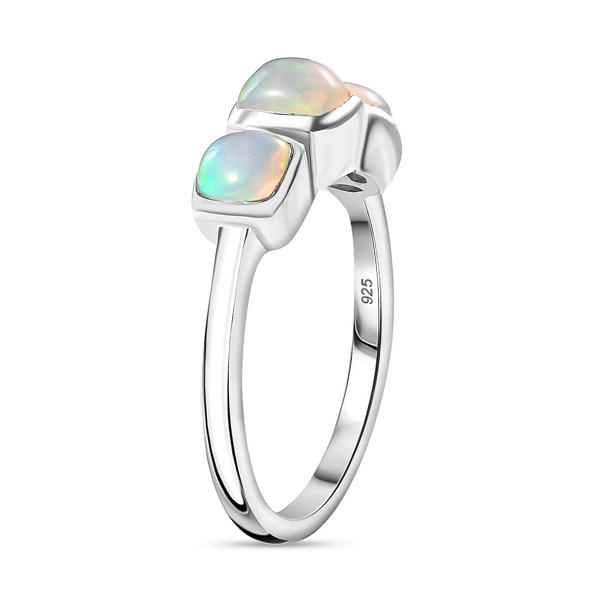 Ethiopian Opal 3 Stone Ring in Rhodium Overlay Sterling Silver