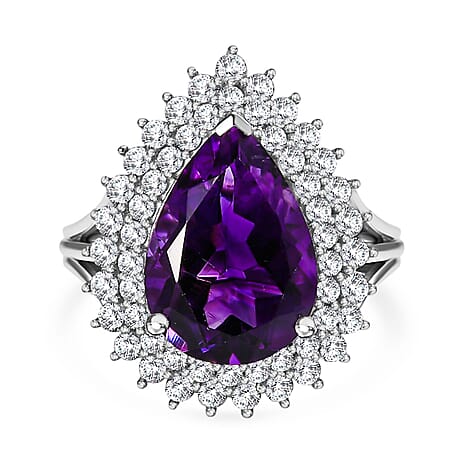 Premium Moroccan Amethyst (5.00 ct Pear) & Zircon Ring in Rhodium Overlay Sterling Silver 6.30 Ct.