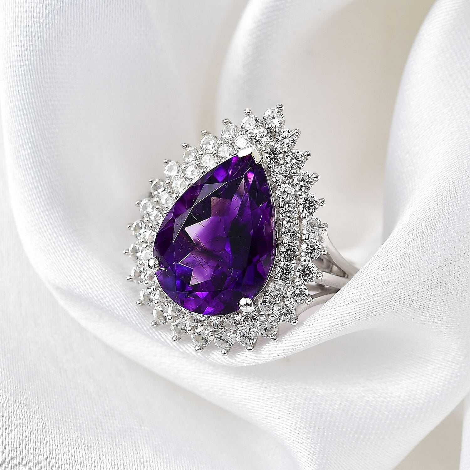 Premium Moroccan Amethyst (5.00 ct Pear) & Zircon Ring in Rhodium Overlay Sterling Silver 6.30 Ct.