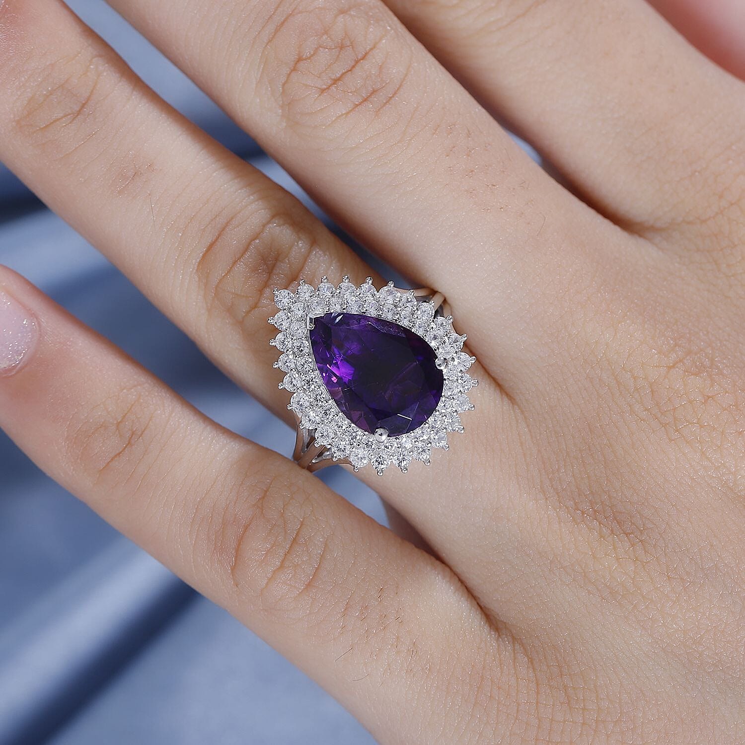 Premium Moroccan Amethyst (5.00 ct Pear) & Zircon Ring in Rhodium Overlay Sterling Silver 6.30 Ct.