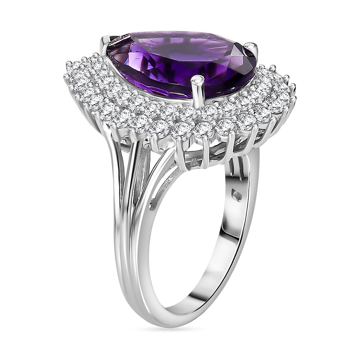 Premium Moroccan Amethyst (5.00 ct Pear) & Zircon Ring in Rhodium Overlay Sterling Silver 6.30 Ct.