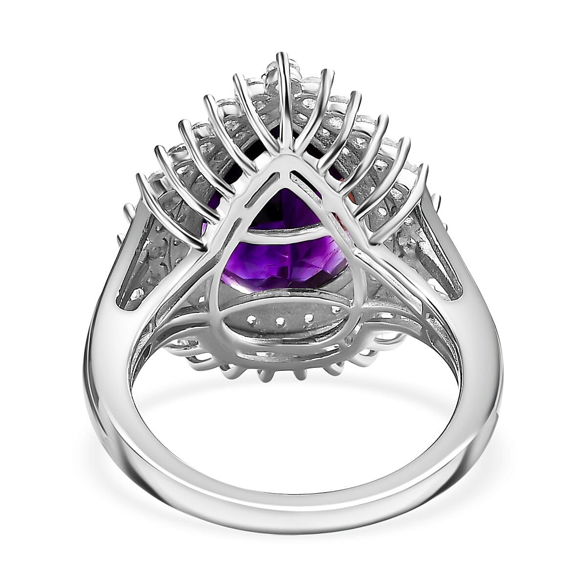 Premium Moroccan Amethyst (5.00 ct Pear) & Zircon Ring in Rhodium Overlay Sterling Silver 6.30 Ct.