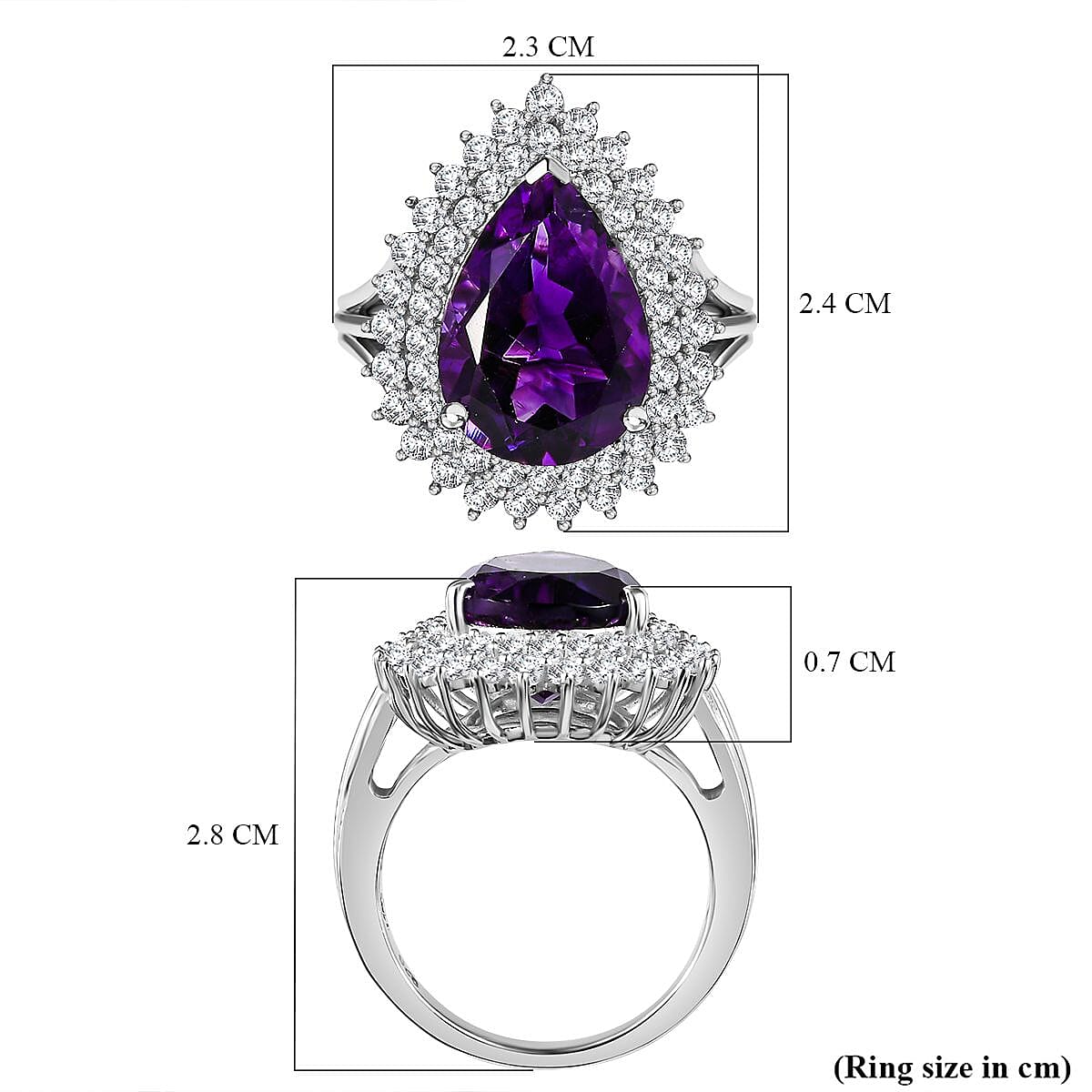Premium Moroccan Amethyst (5.00 ct Pear) & Zircon Ring in Rhodium Overlay Sterling Silver 6.30 Ct.