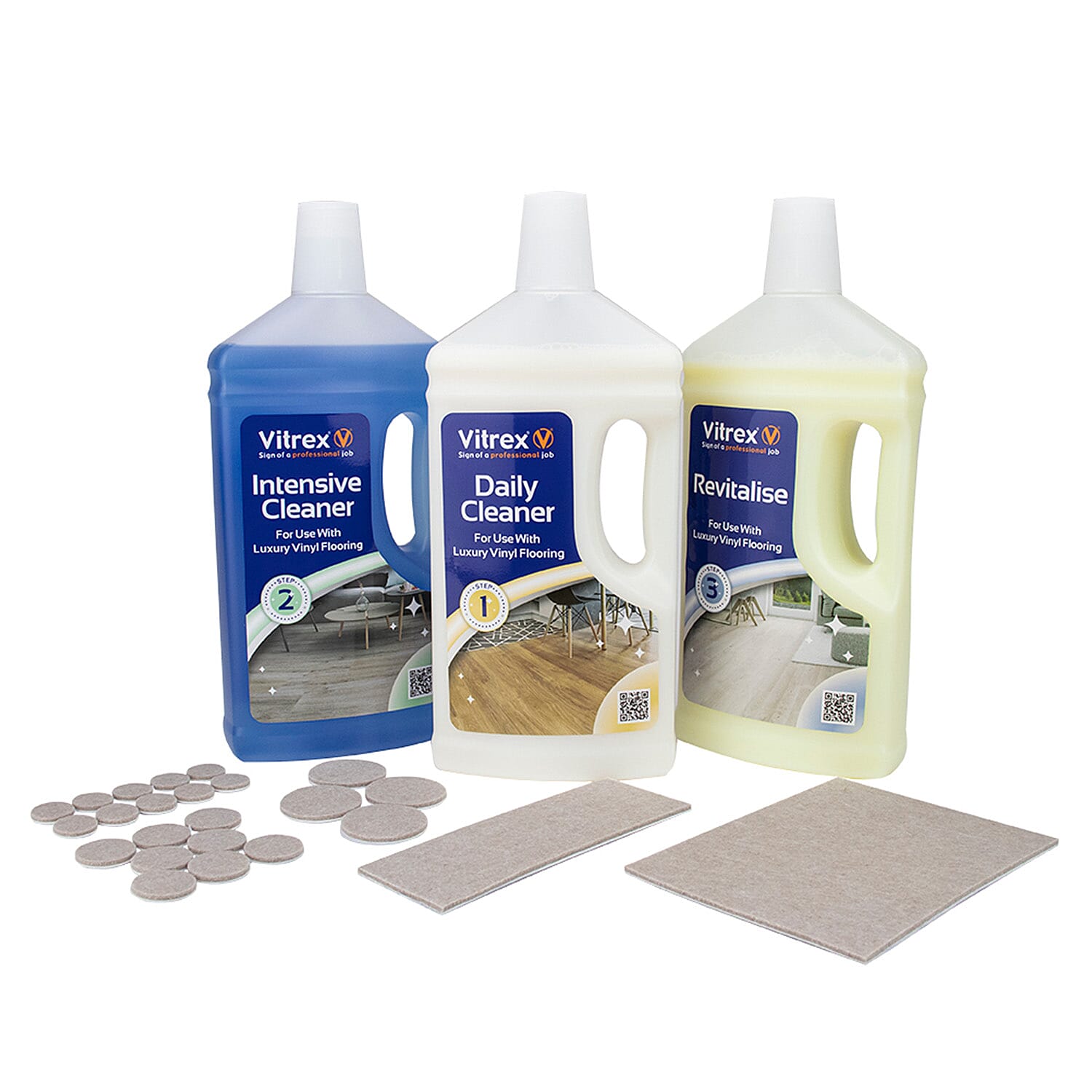Vitrex Vinyl Tile Cleaning Care Kit Luxury 3-Step Maintenance Self Adhesive Pads