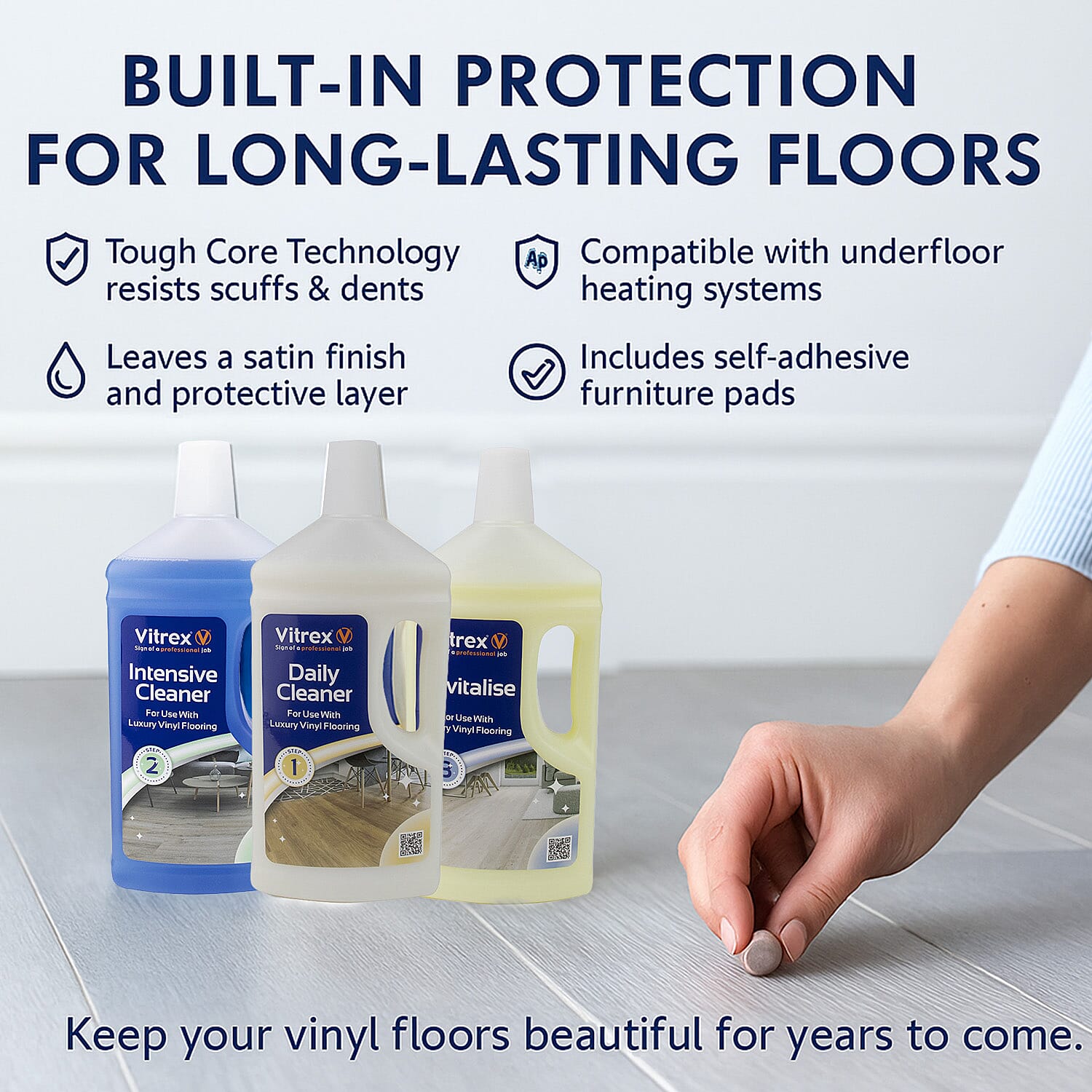 Vitrex Vinyl Tile Cleaning Care Kit Luxury 3-Step Maintenance Self Adhesive Pads