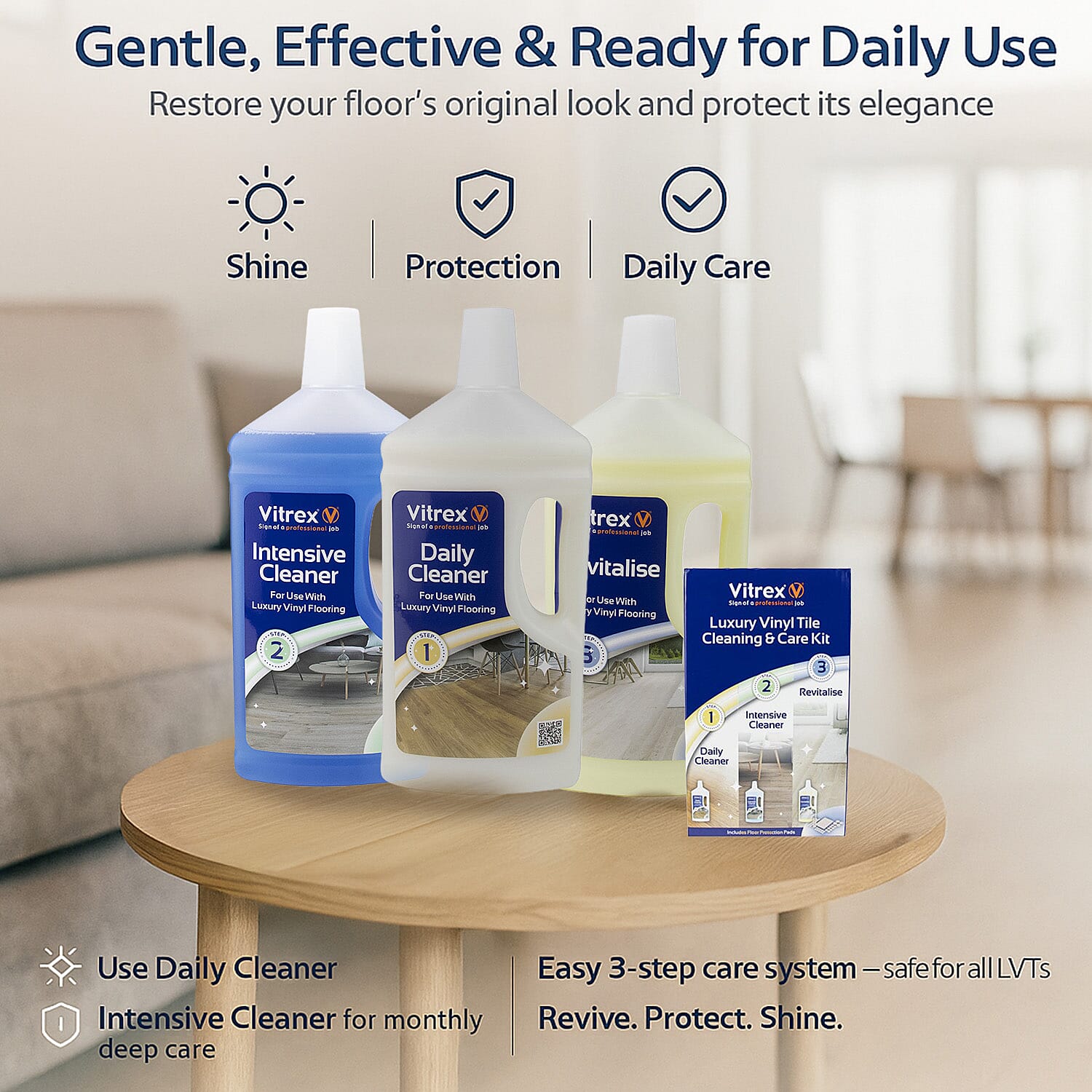 Vitrex Vinyl Tile Cleaning Care Kit Luxury 3-Step Maintenance Self Adhesive Pads