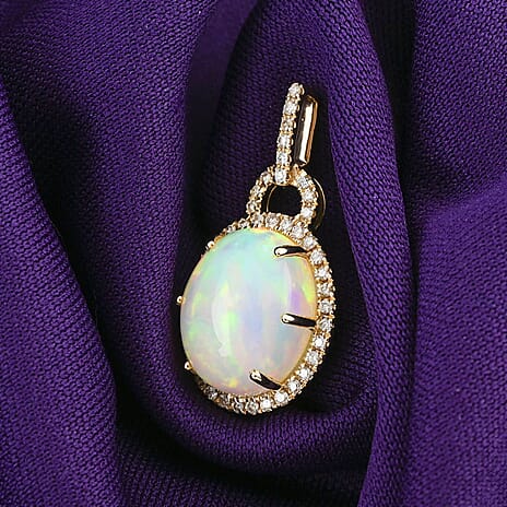 LUXORO 9K Yellow Gold AGI Certified AAA Ethiopian Opal & White Diamond (I2-GH) Pendant 3.60 Ct.