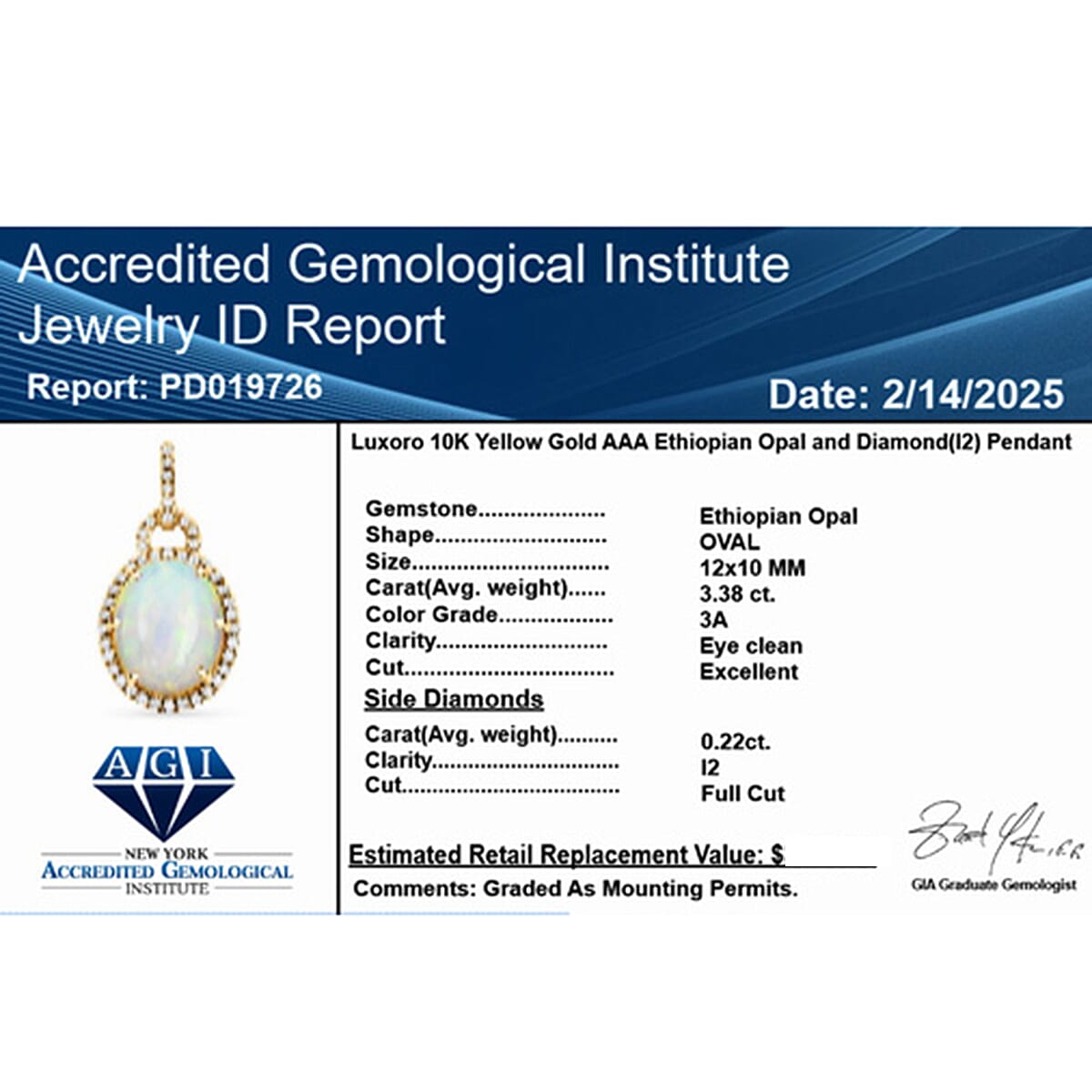 LUXORO 9K Yellow Gold AGI Certified AAA Ethiopian Opal & White Diamond (I2-GH) Pendant 3.60 Ct. LUXORO 9K Yellow Gold AGI Certified AAA Ethiopian Opal & White Diamond (I2-GH) Pendant 3.60 Ct.